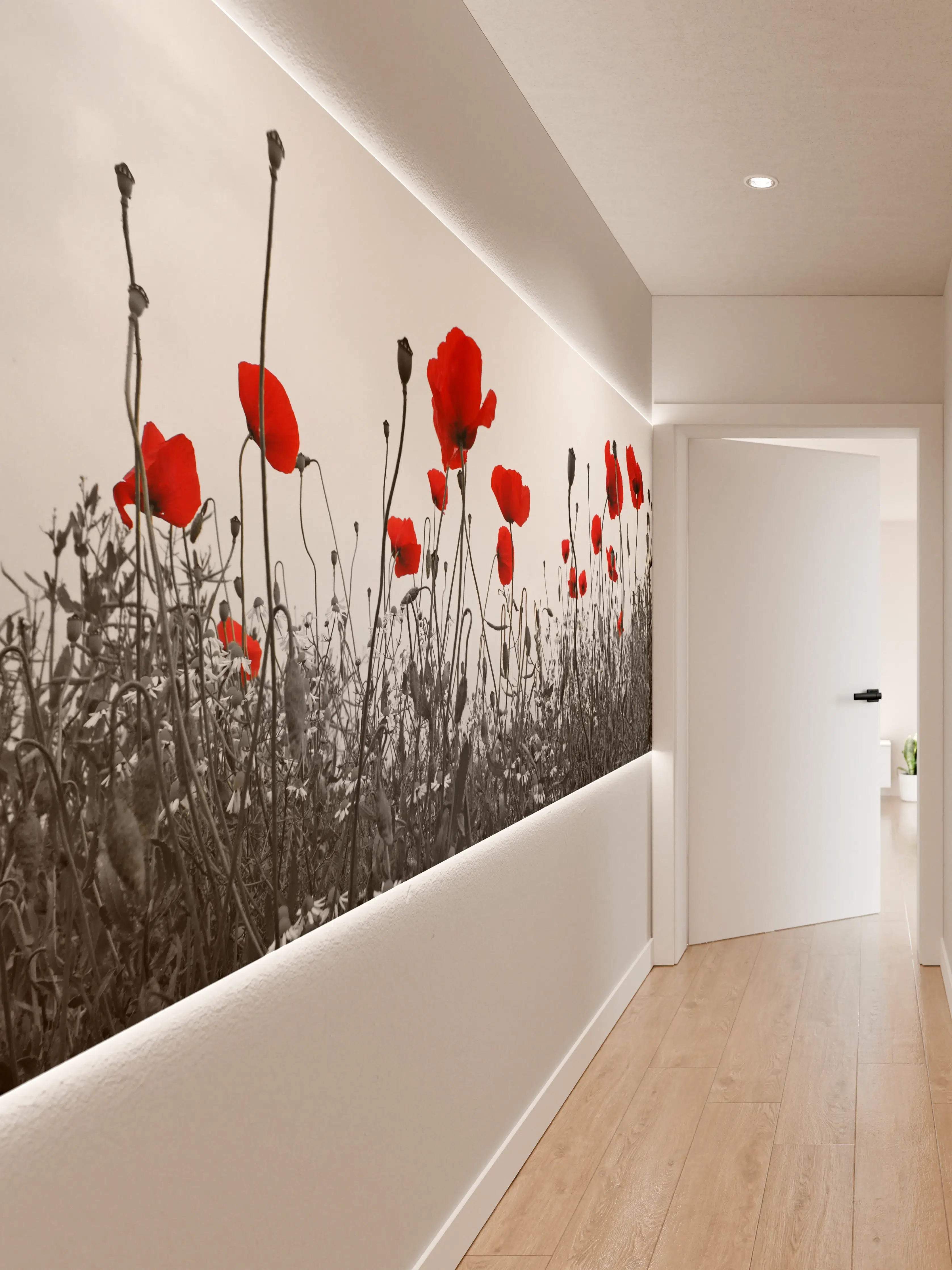Wandverkleidung Flur - rote Mohnblumen im Schwarz-Weiß-Look