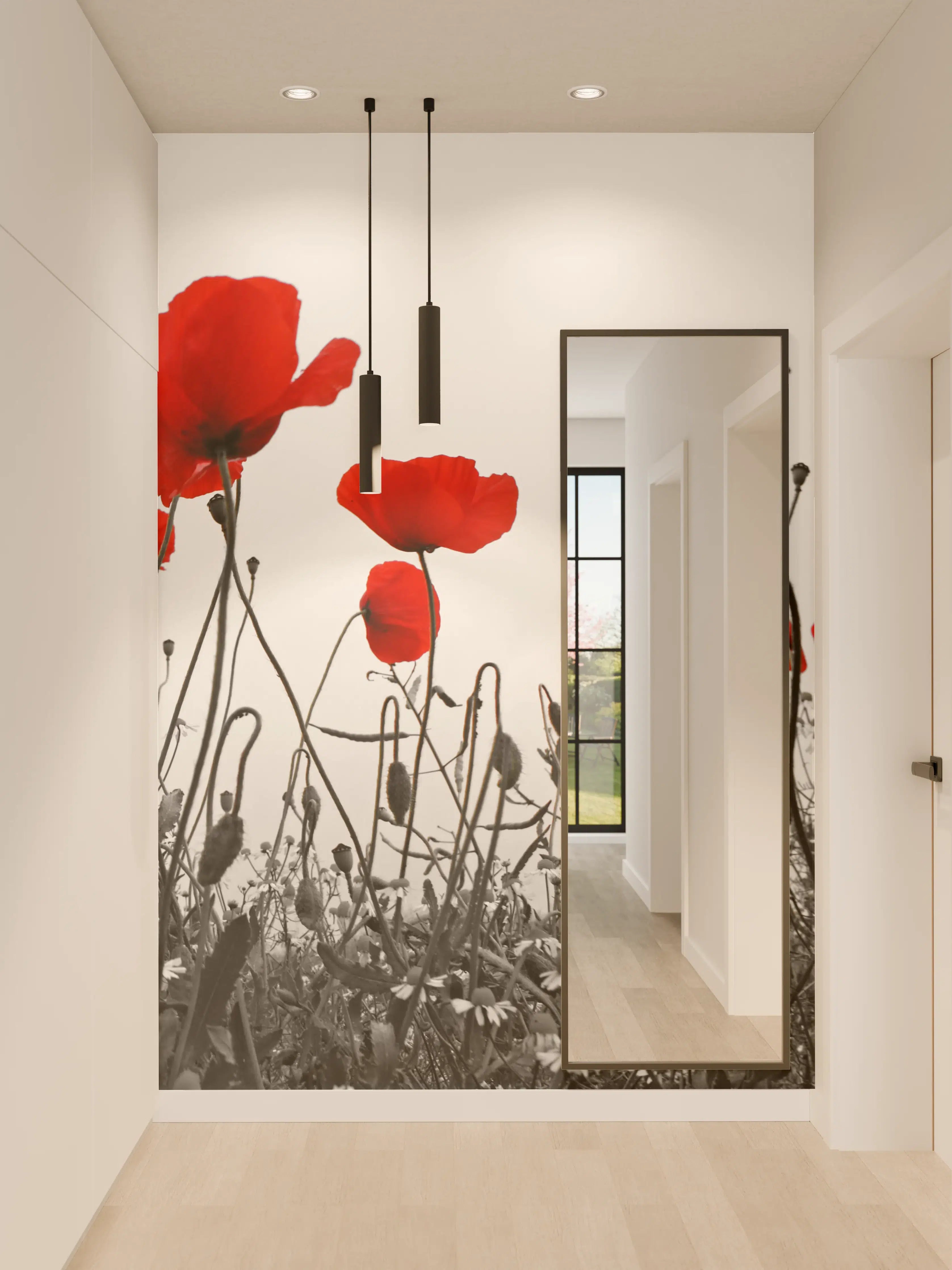 Wandverkleidung Flur - rote Mohnblumen im Schwarz-Weiß-Look