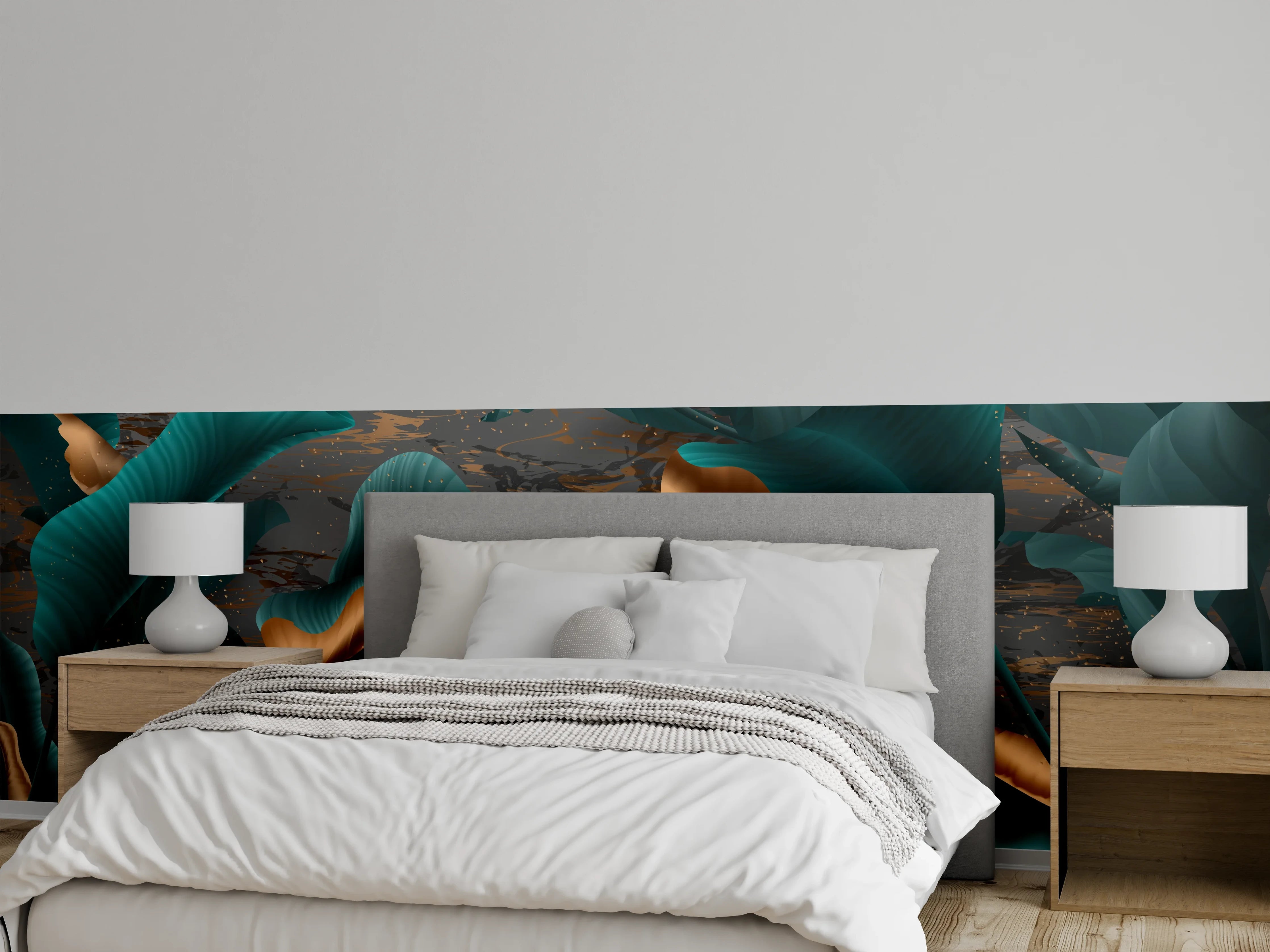 Wandverkleidung Schlafzimmer - Abendlicher Dschungel Goldakzent