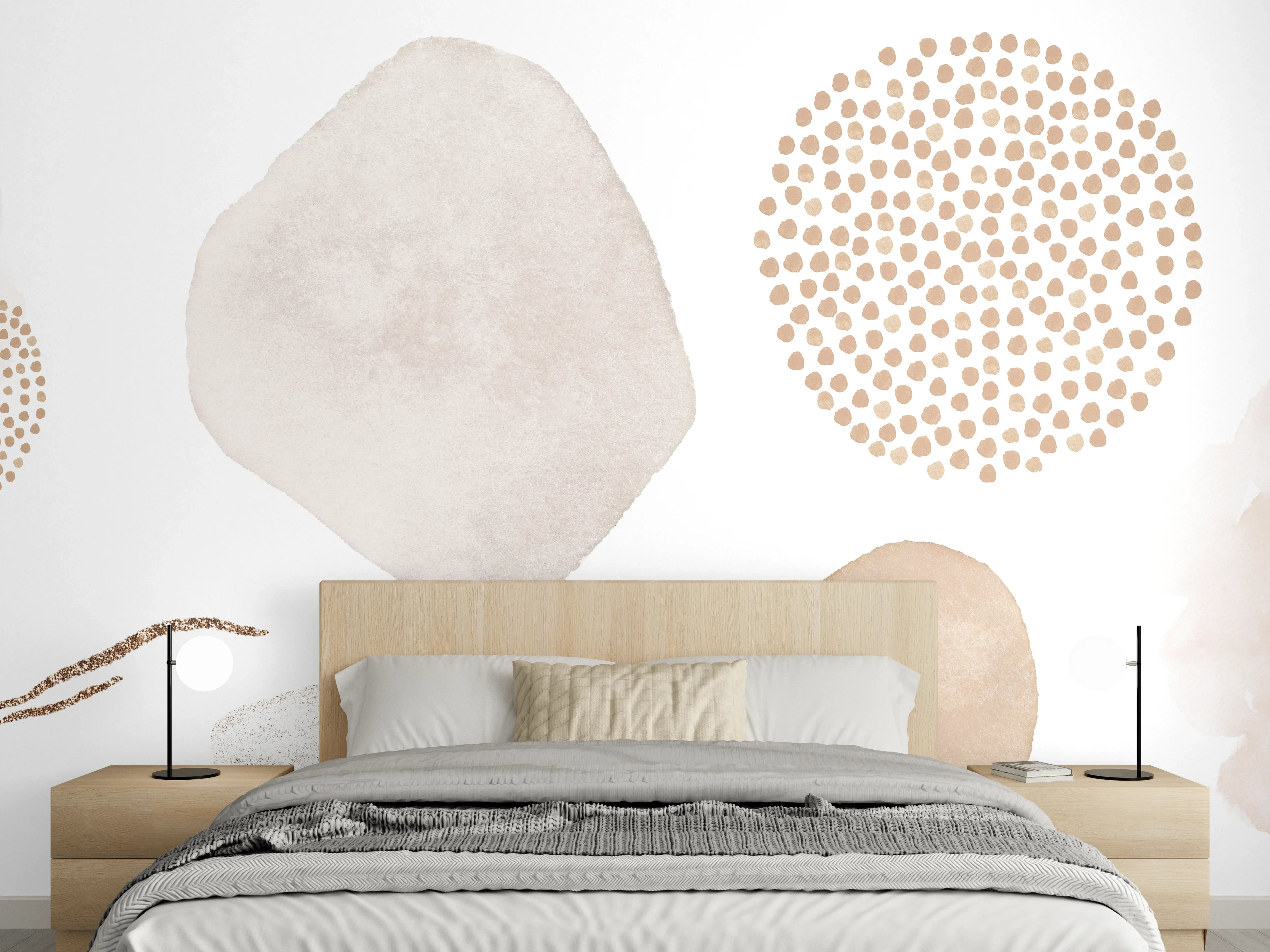 Wandverkleidung Schlafzimmer - Abstrakte Aquarell-Formen Beige Weiß