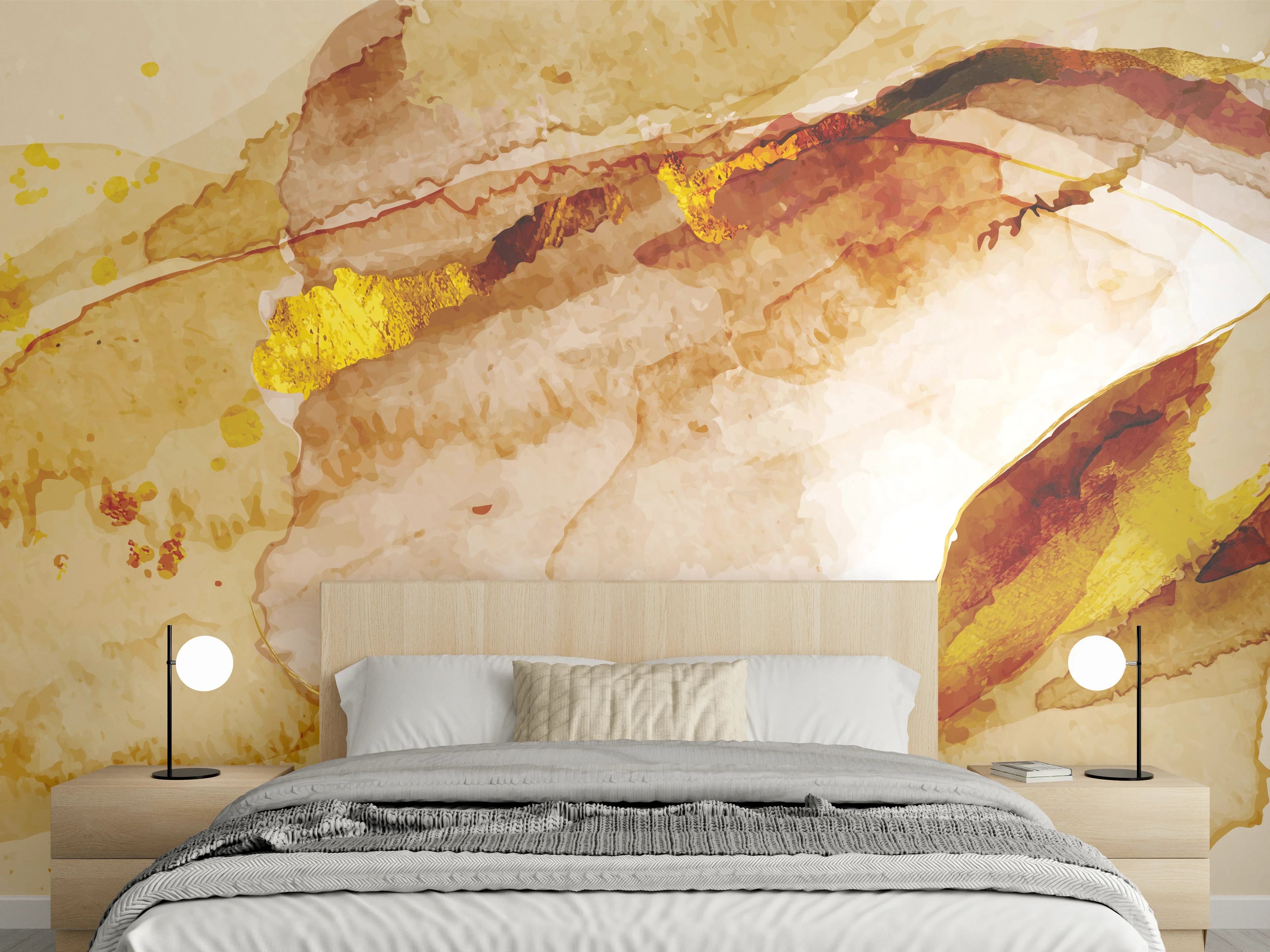 Wandverkleidung Schlafzimmer - Abstrakte Aquarell Gold-Nuancen