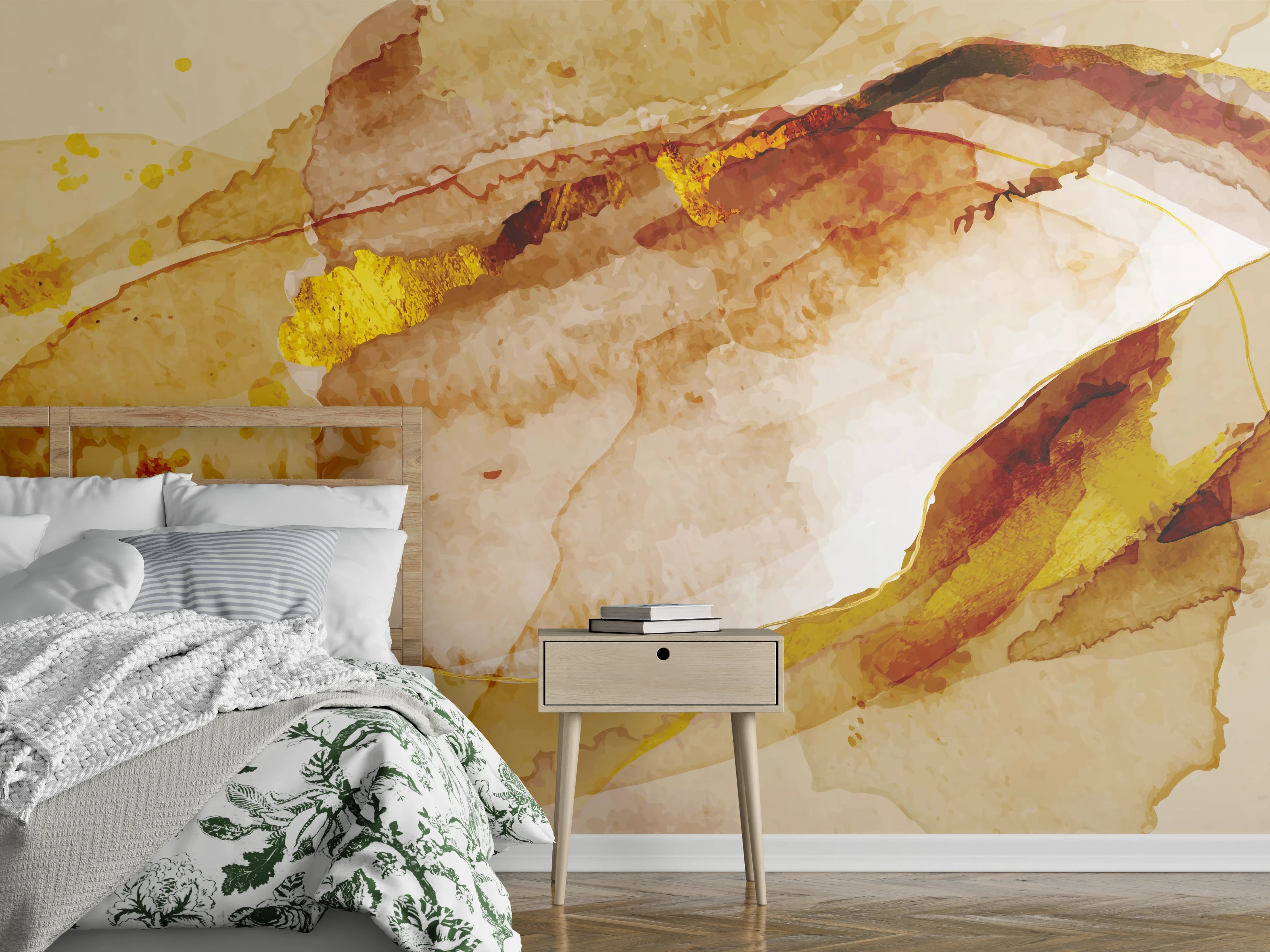 Wandverkleidung Schlafzimmer - Abstrakte Aquarell Gold-Nuancen