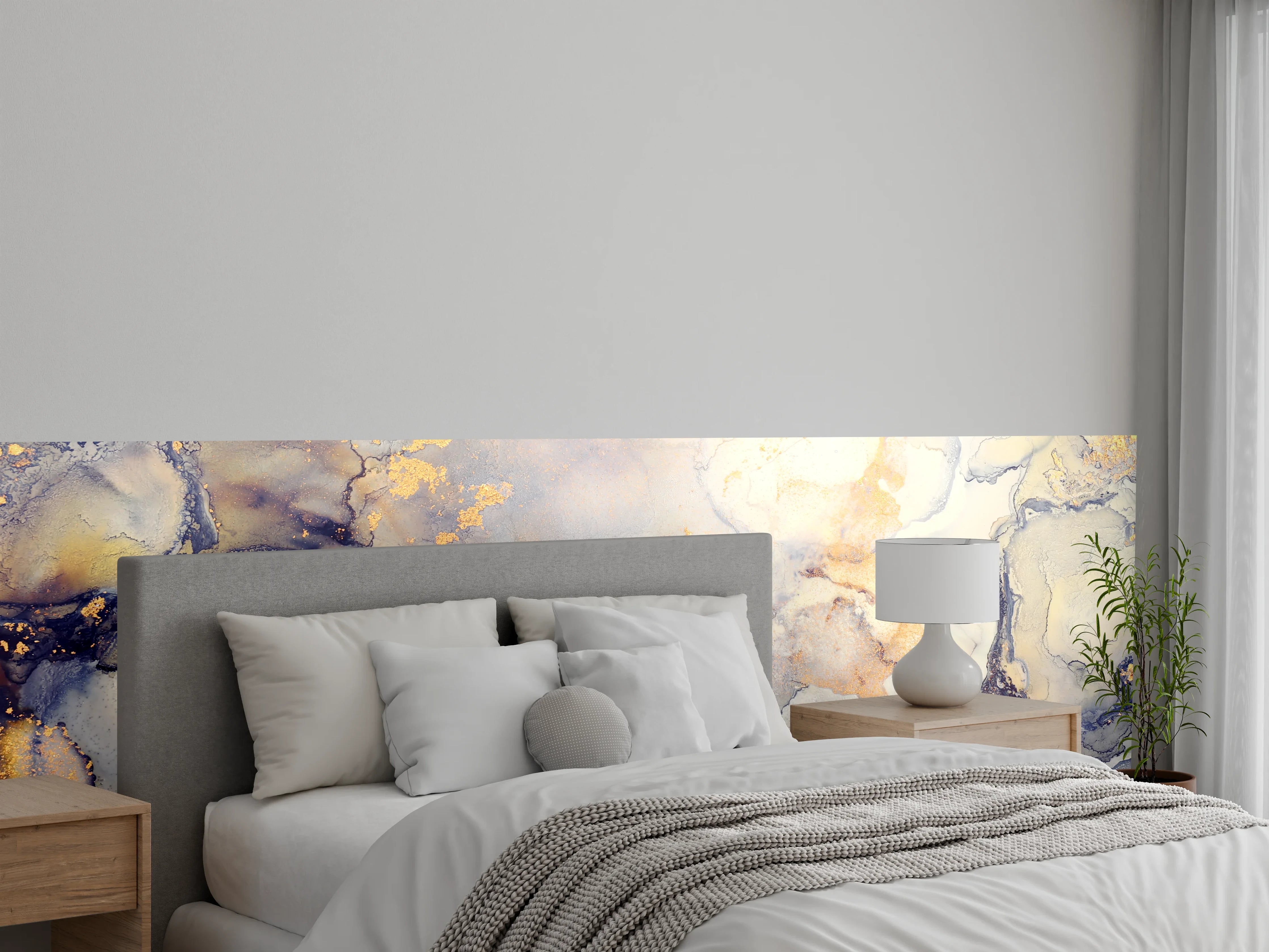 Wandverkleidung Schlafzimmer - Abstrakte Aquarell-Marmoroptik in Gold