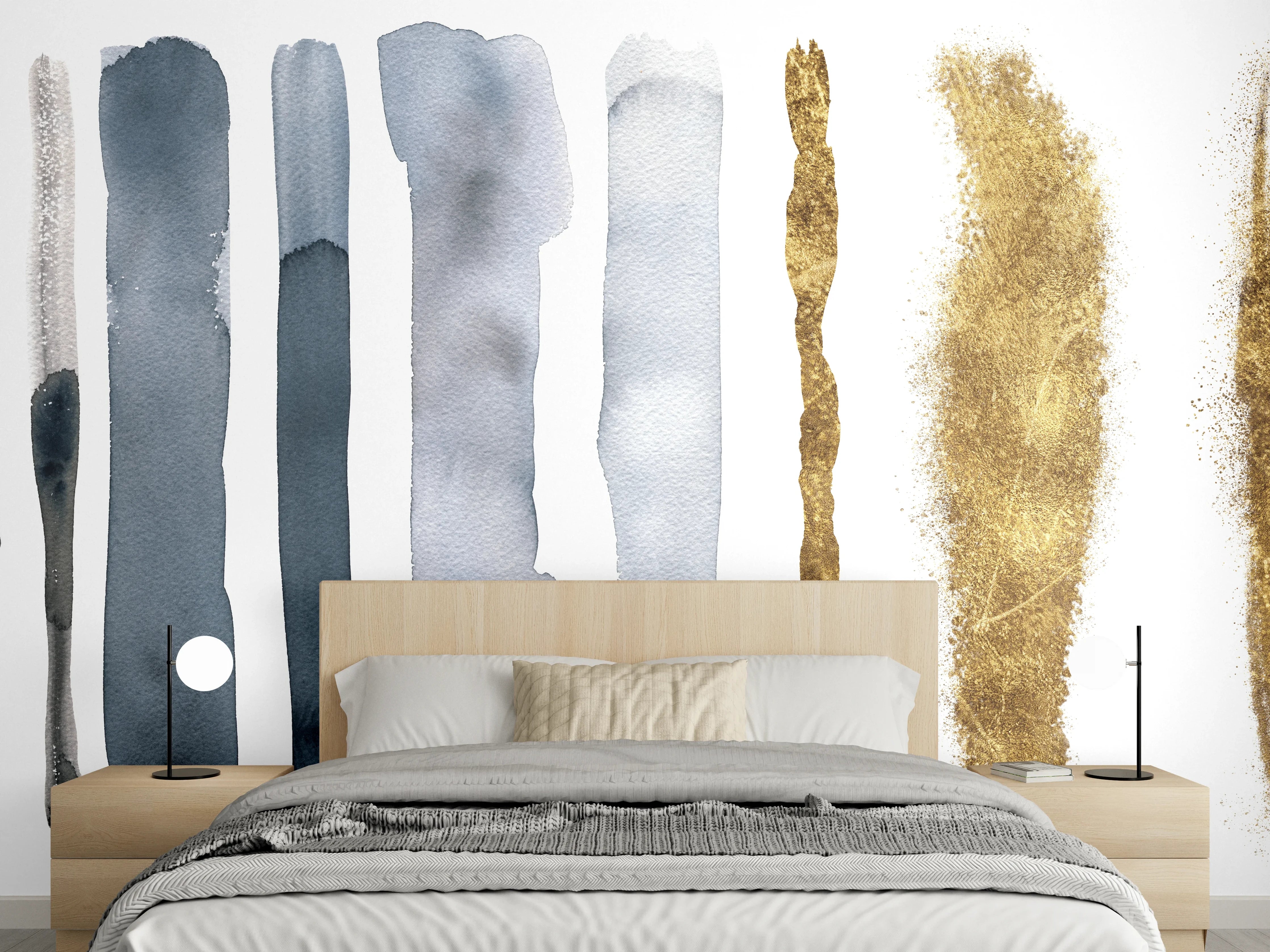 Wandverkleidung Schlafzimmer - Abstrakte Aquarell-Streifen in Blau und Gold