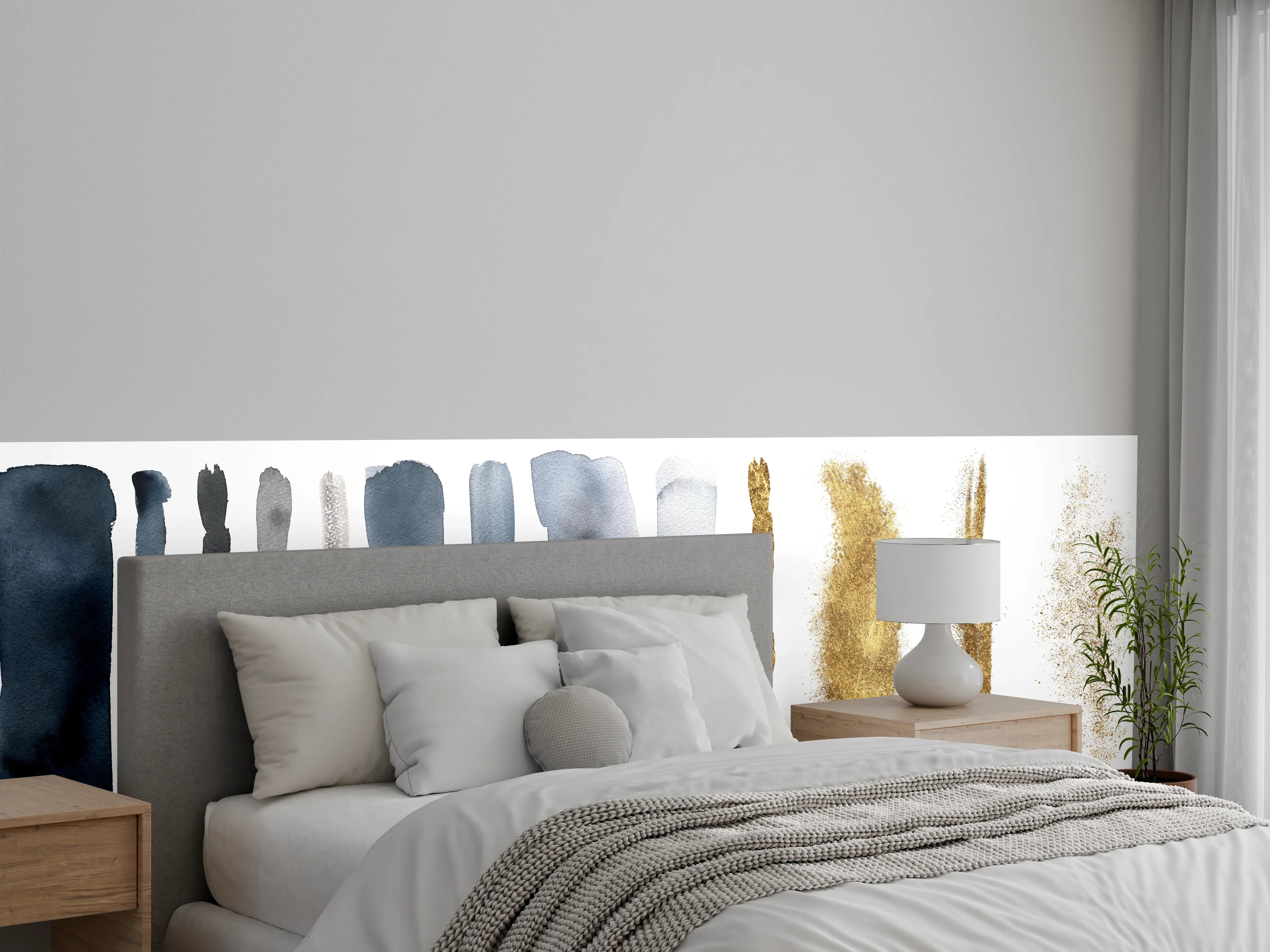 Wandverkleidung Schlafzimmer - Abstrakte Aquarell-Streifen in Blau und Gold