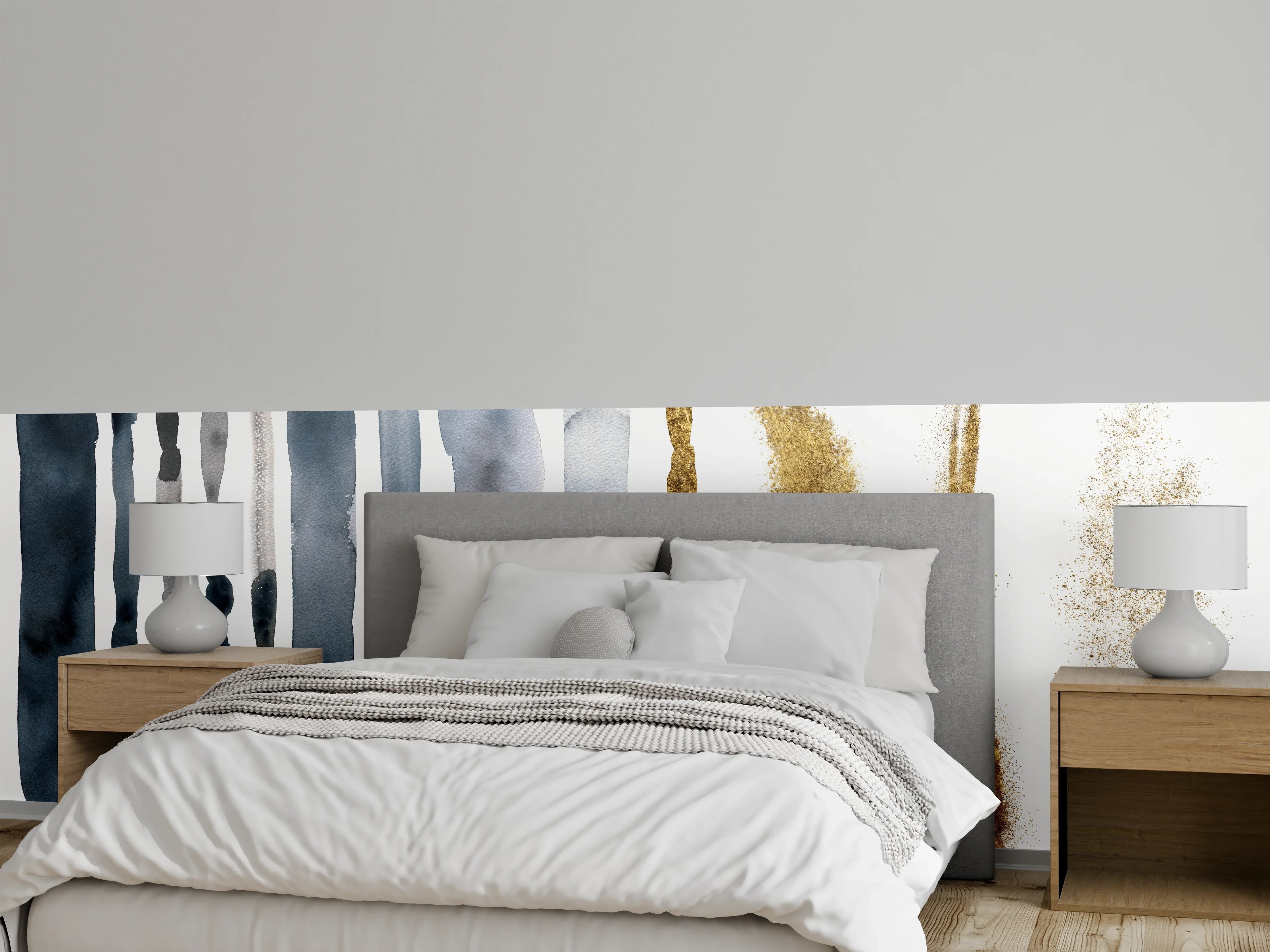 Wandverkleidung Schlafzimmer - Abstrakte Aquarell-Streifen in Blau und Gold