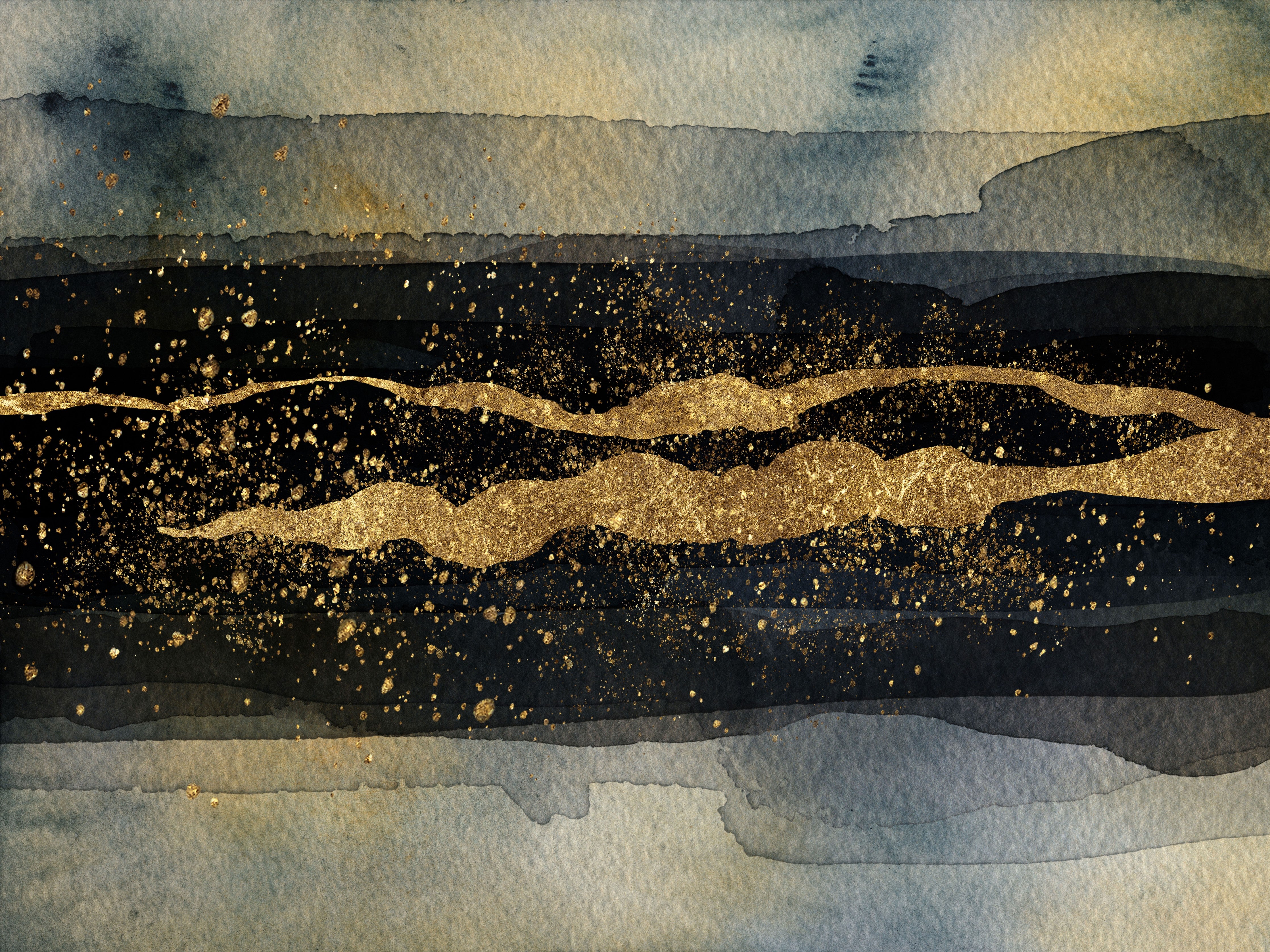 Wandverkleidung Schlafzimmer-Abstrakte Aquarellkunst mit Goldakzenten