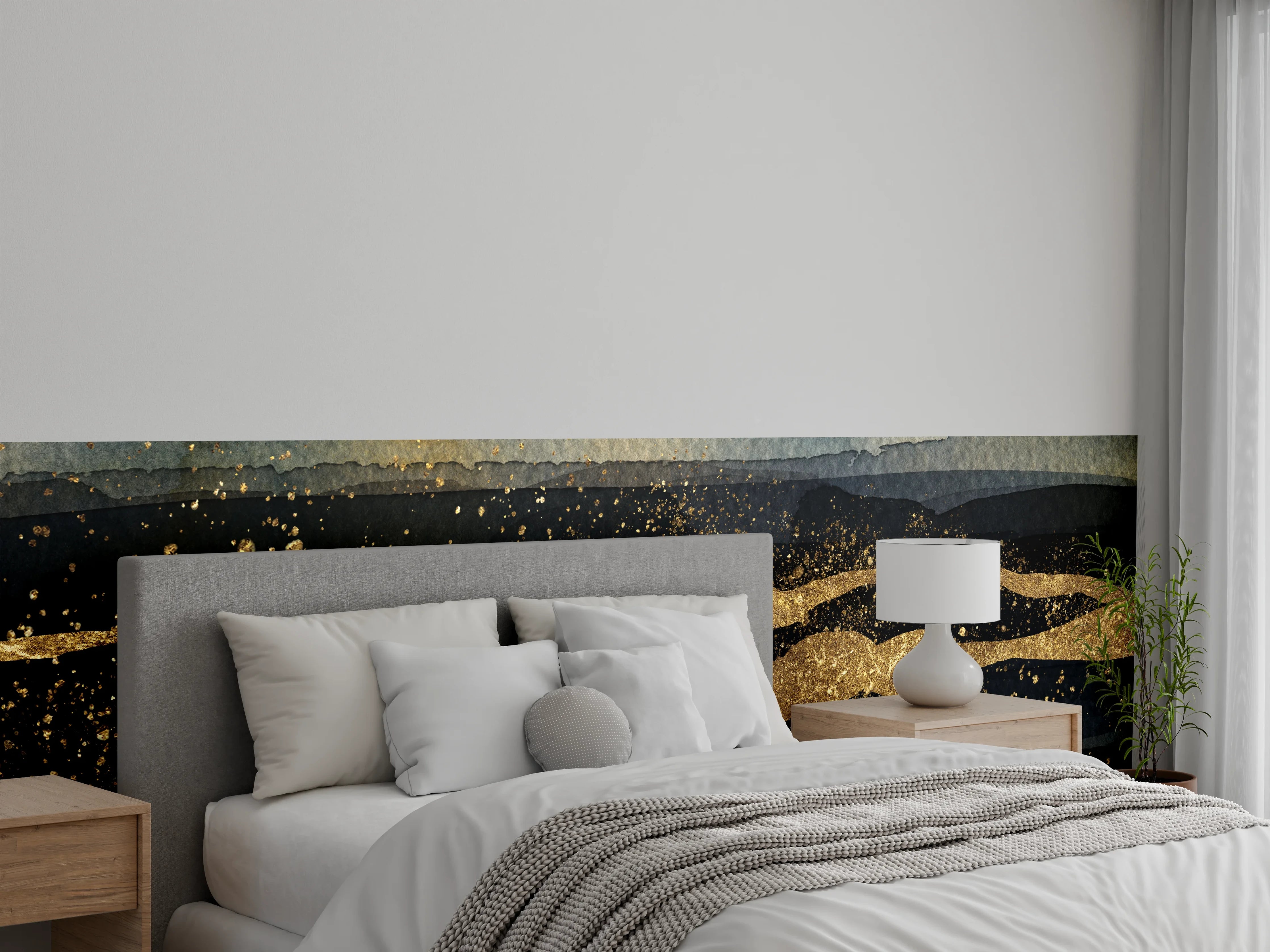 Wandverkleidung Schlafzimmer - Abstrakte Aquarellkunst mit Goldakzenten