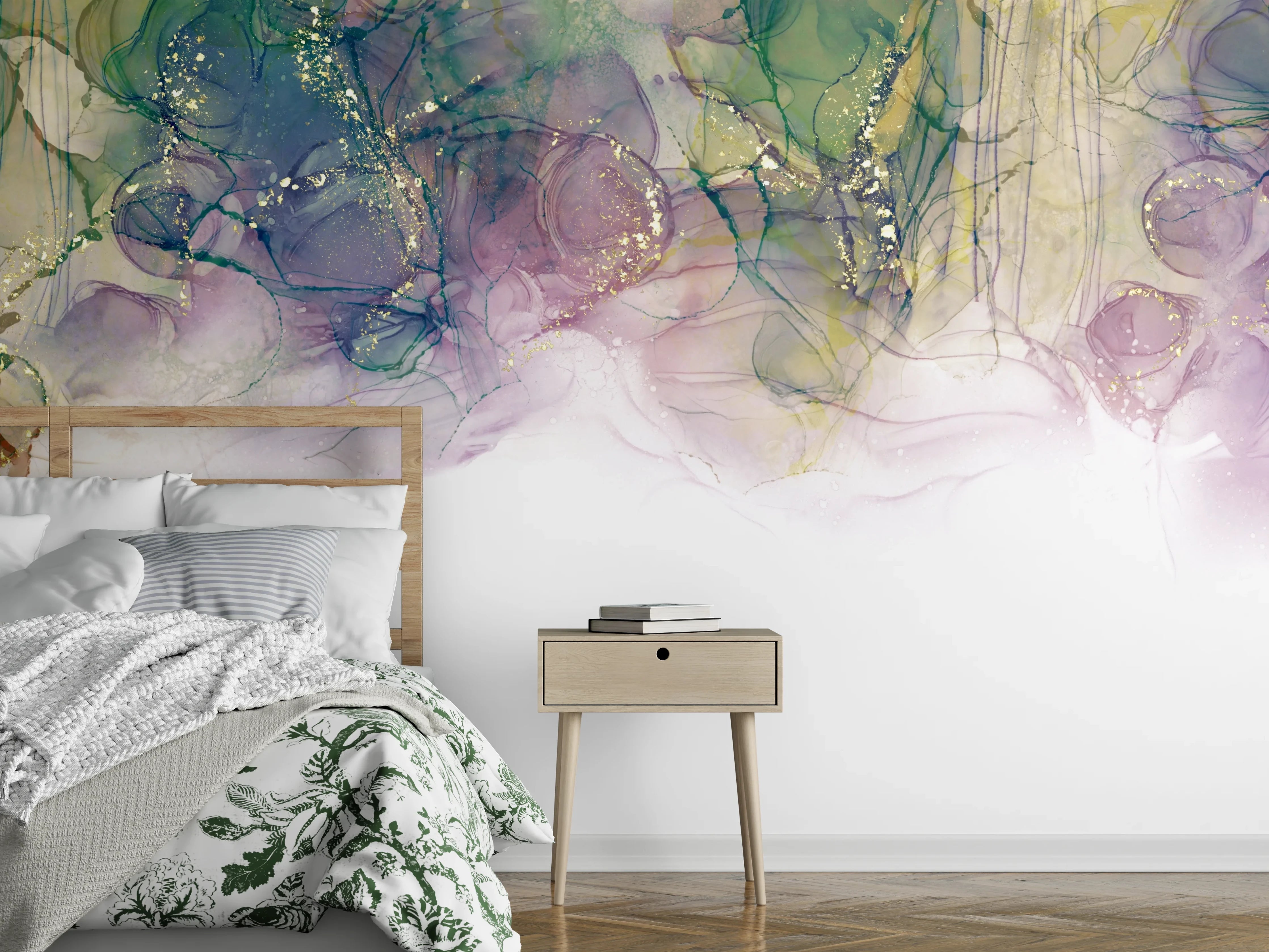 Wandverkleidung Schlafzimmer - Abstrakte Aquarellkunst mit lila Akzenten