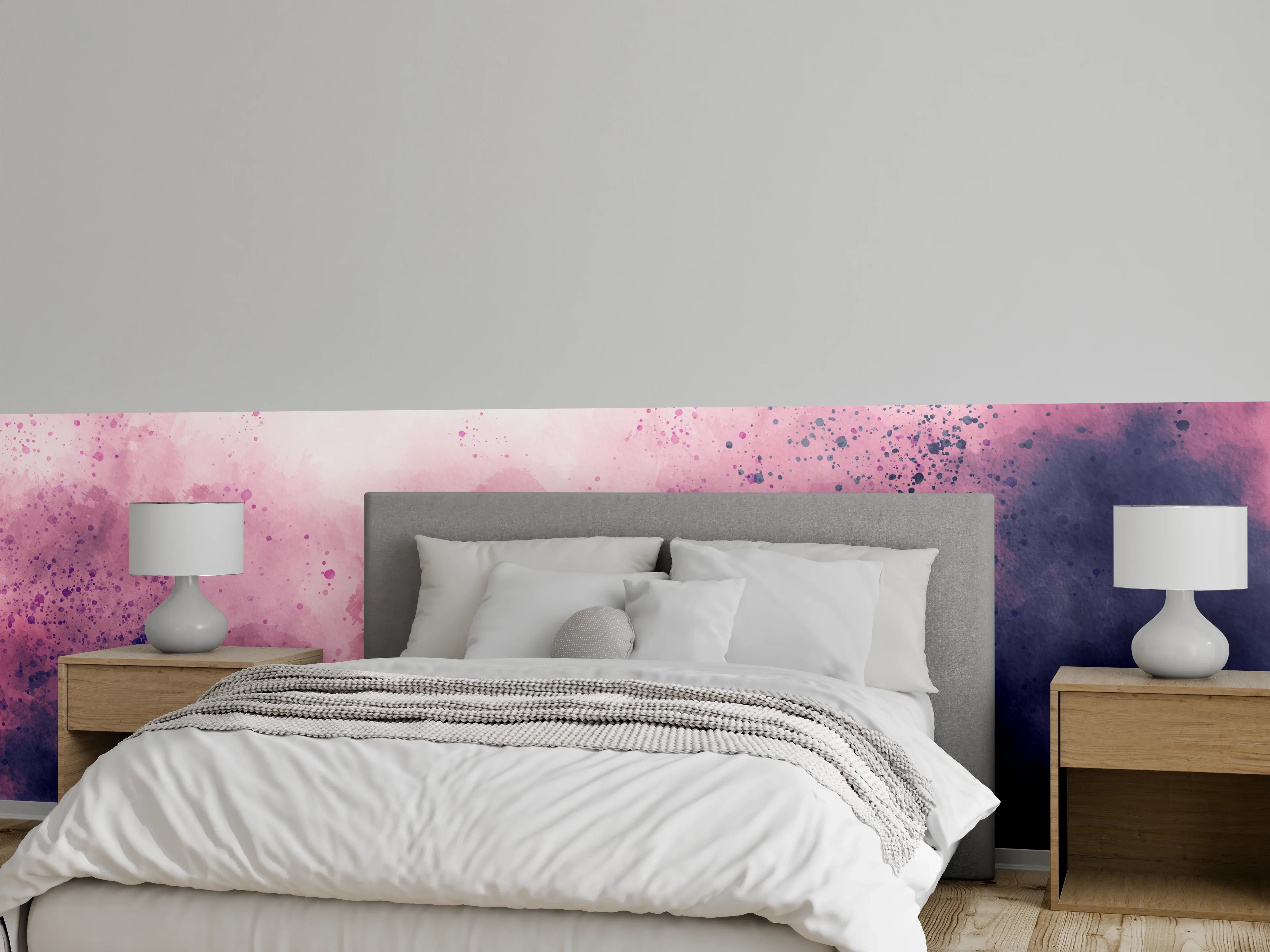 Wandverkleidung Schlafzimmer - Abstrakte Aquarellwand in Lila und Pink