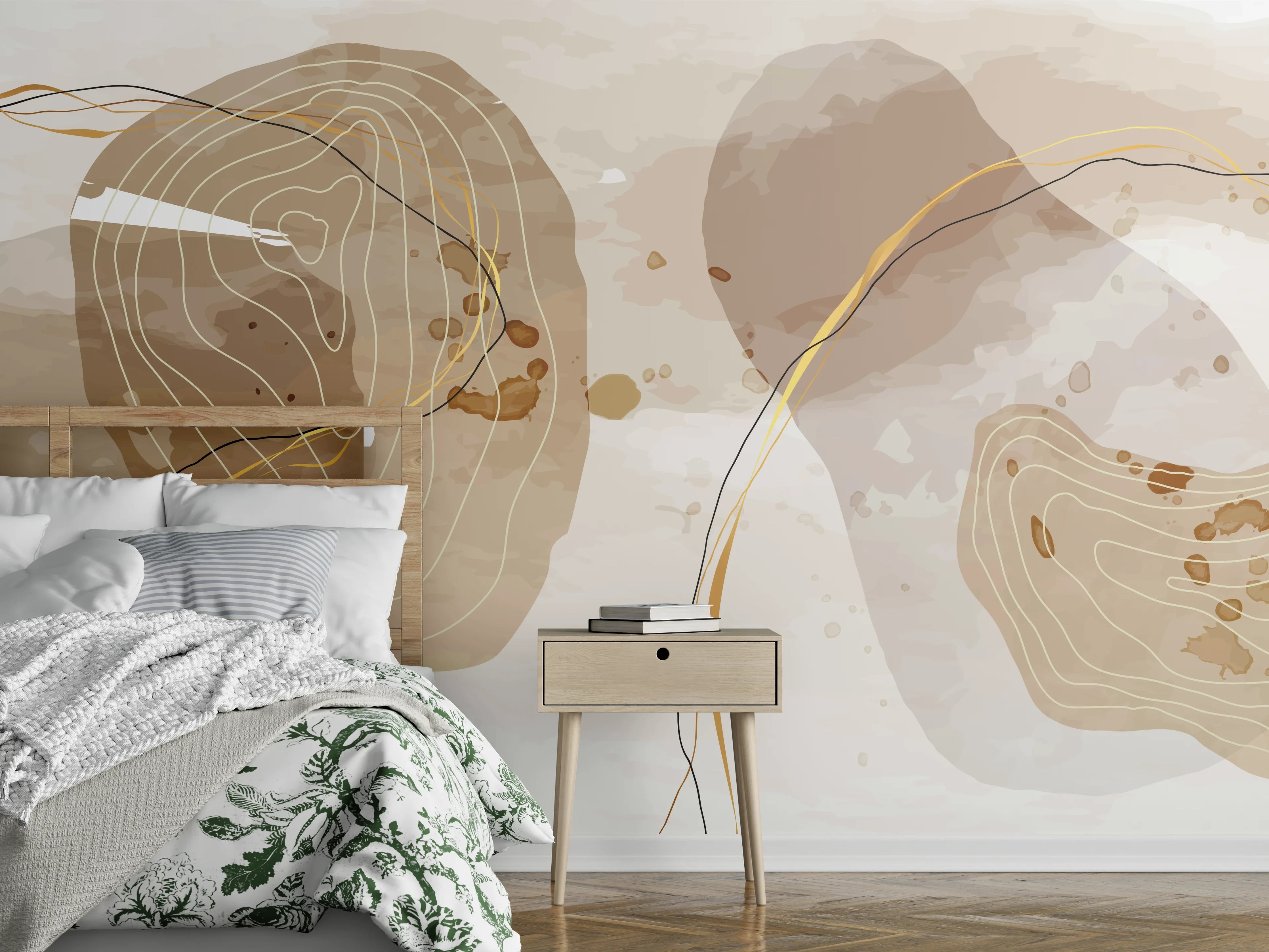Wandverkleidung Schlafzimmer - Abstrakte Beige-Braune Linienkunst