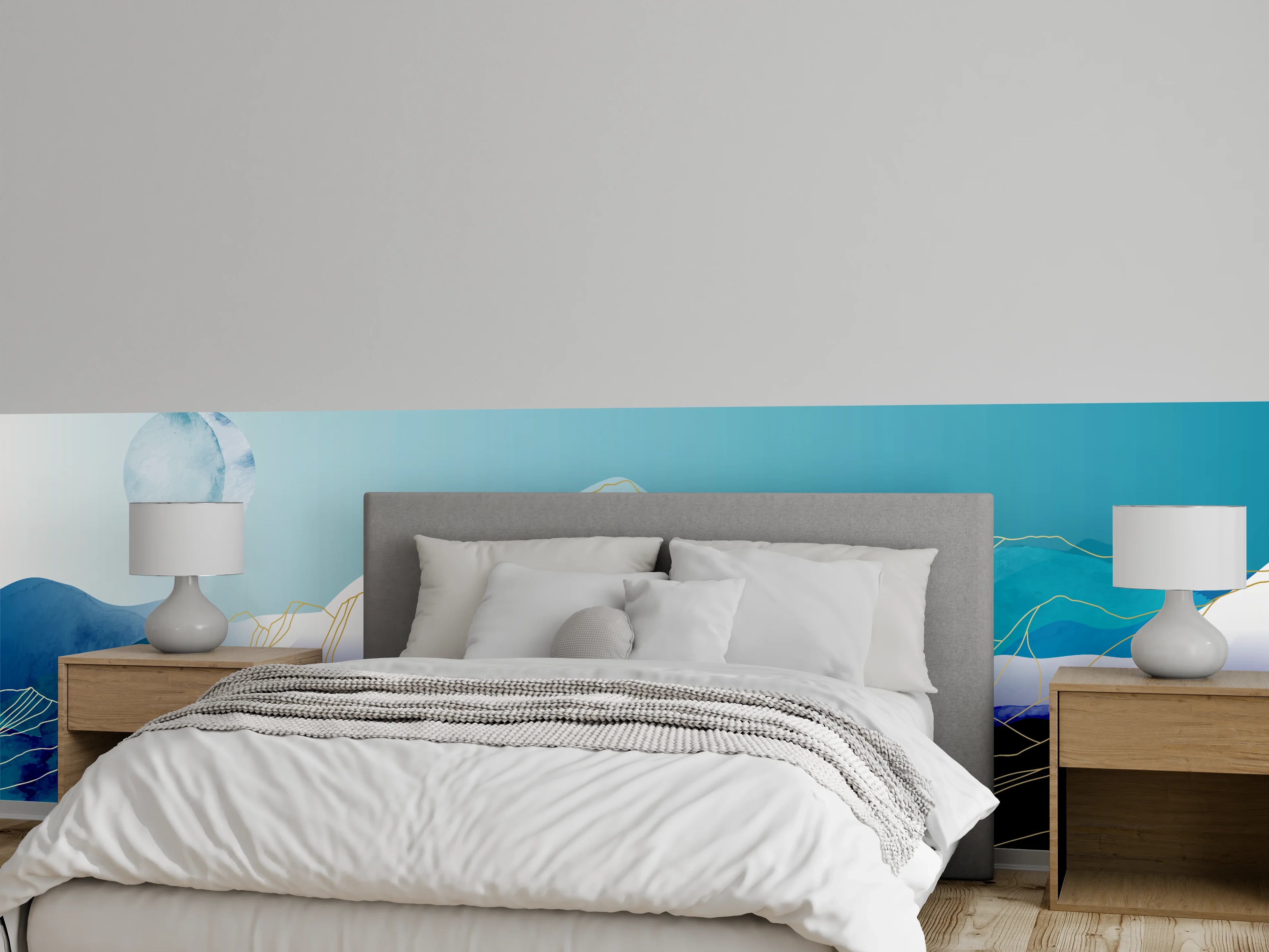 Wandverkleidung Schlafzimmer - Abstrakte Berglandschaft in Blautönen