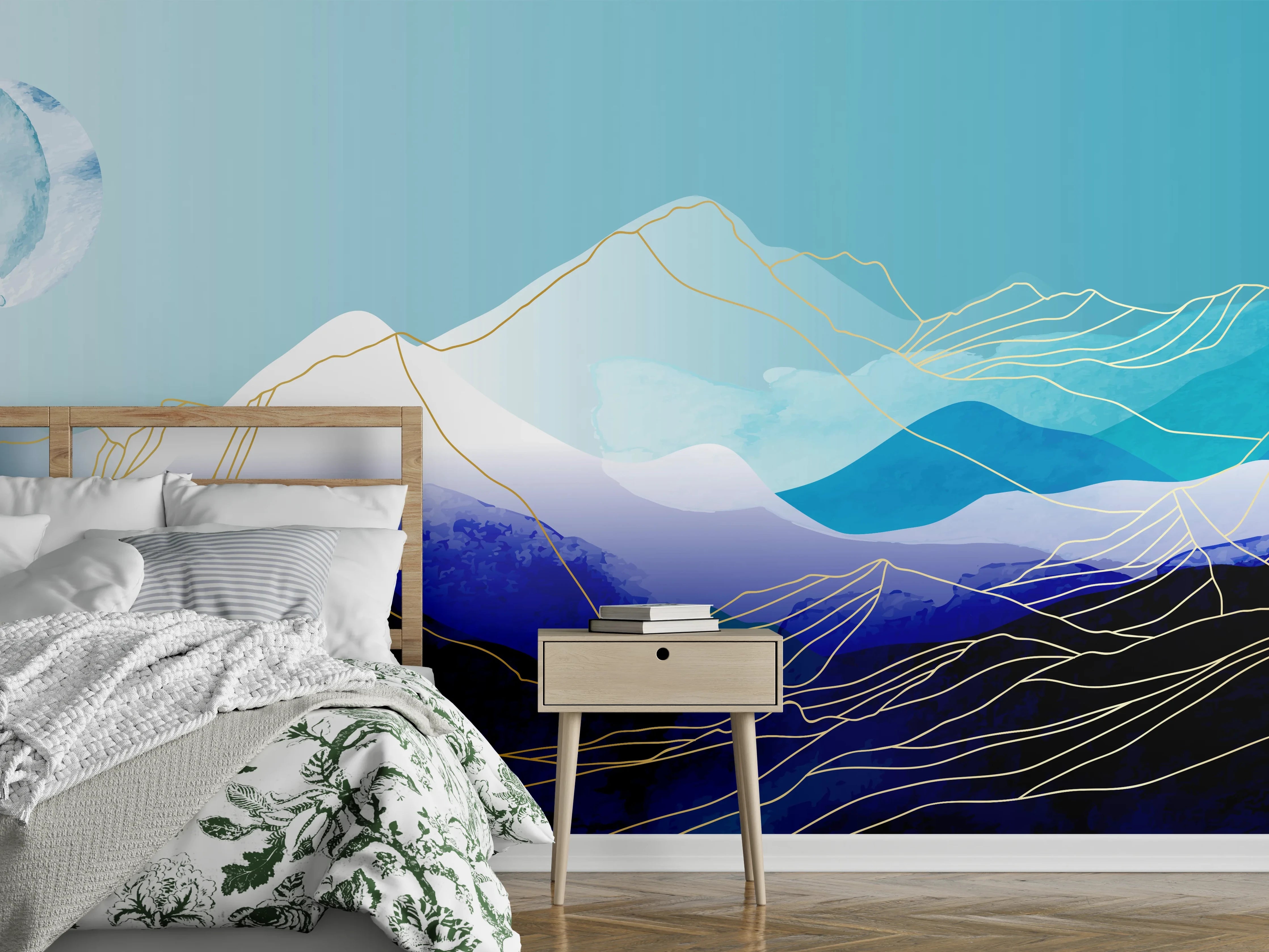 Wandverkleidung Schlafzimmer - Abstrakte Berglandschaft in Blautönen