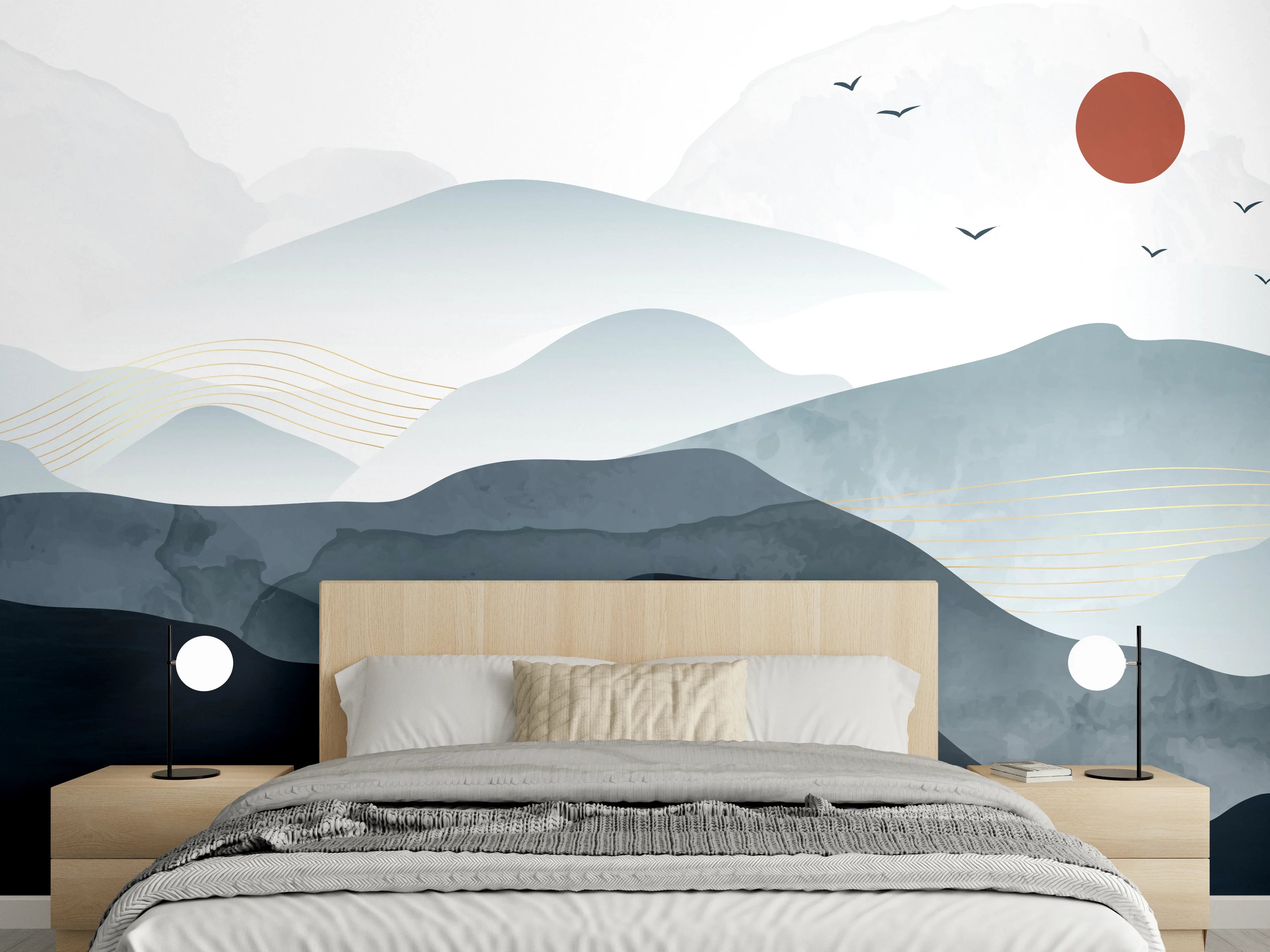 Wandverkleidung Schlafzimmer - Abstrakte Berglandschaft in Grautönen