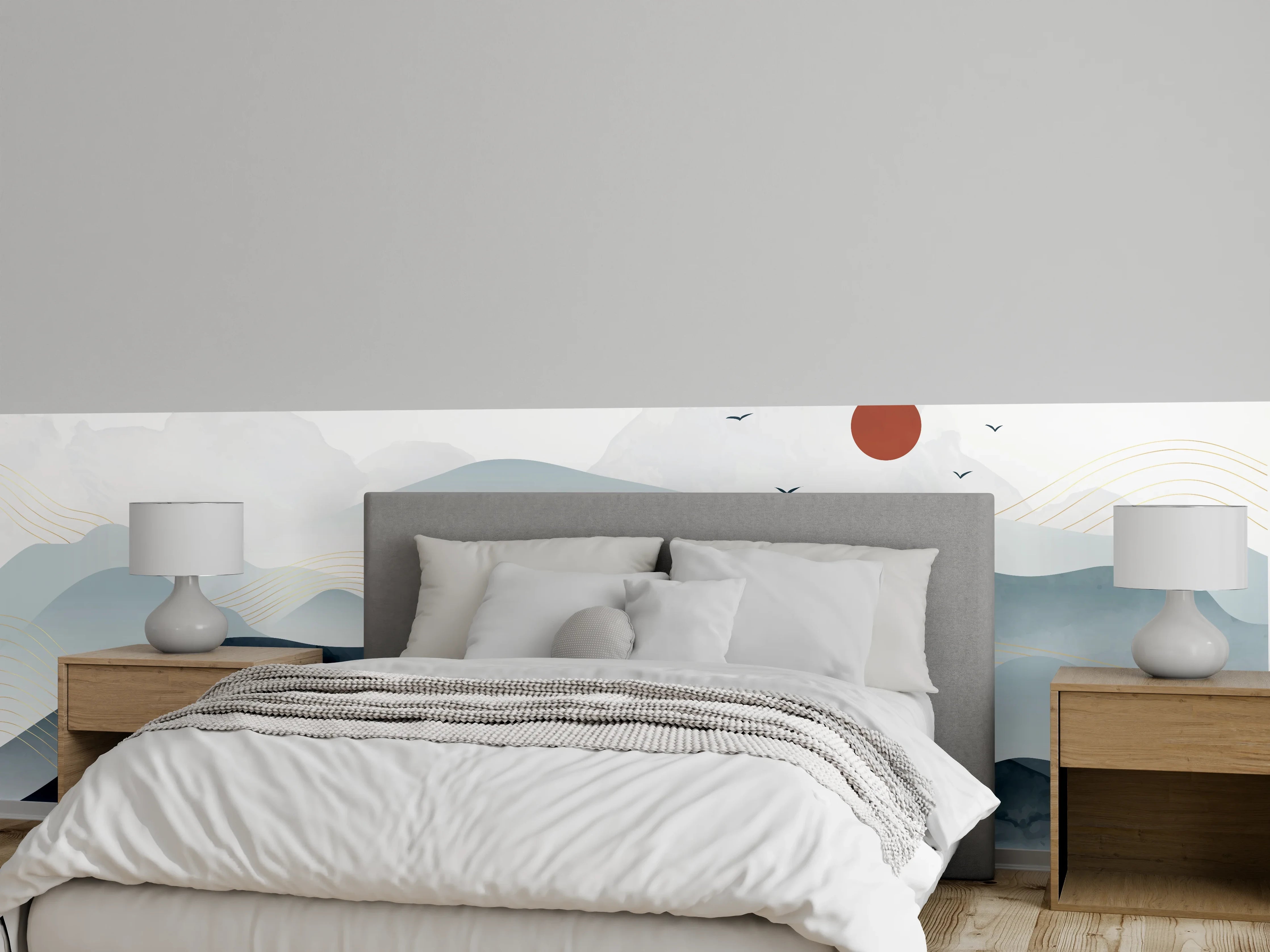 Wandverkleidung Schlafzimmer - Abstrakte Berglandschaft in Grautönen