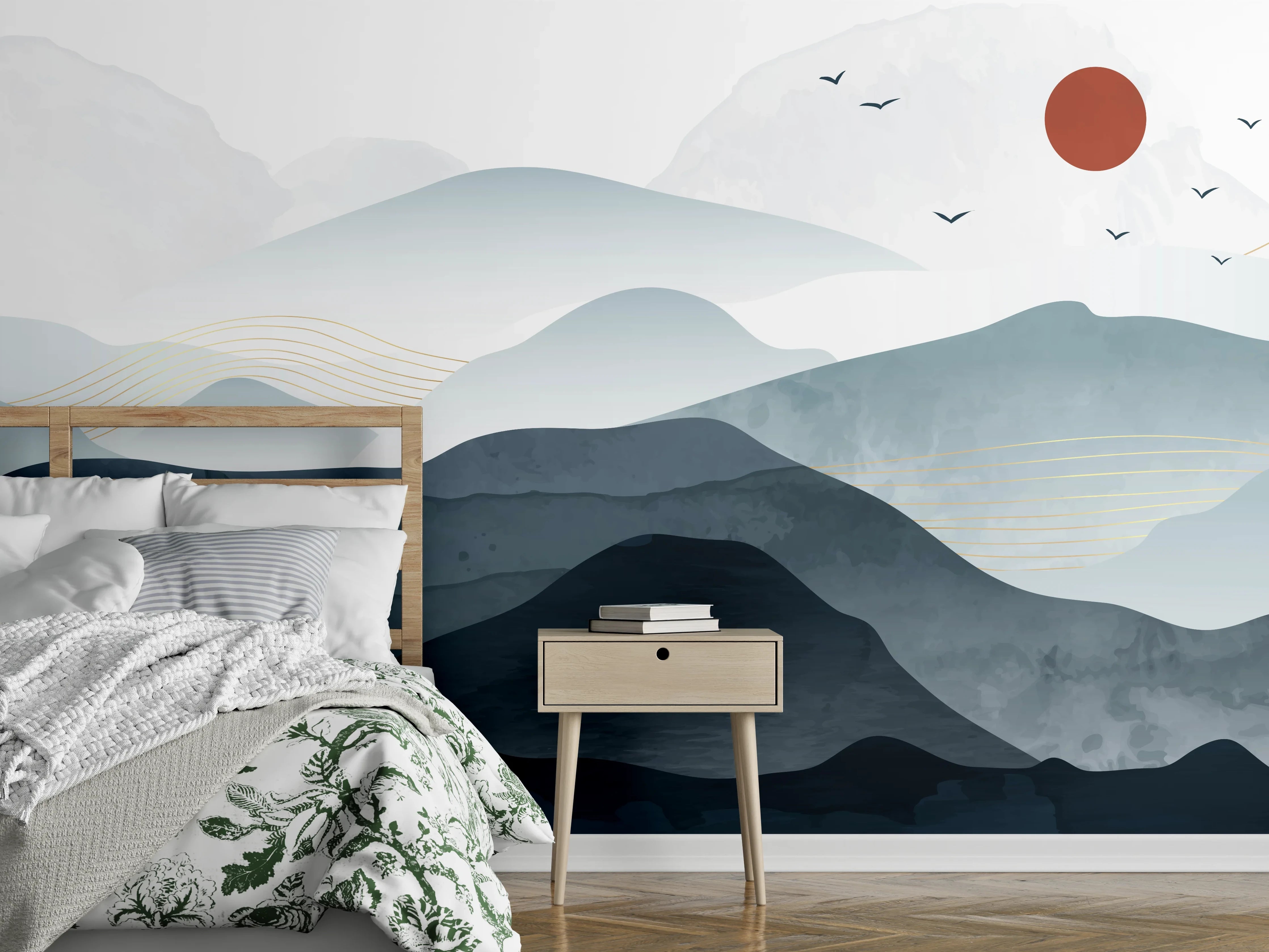 Wandverkleidung Schlafzimmer - Abstrakte Berglandschaft in Grautönen