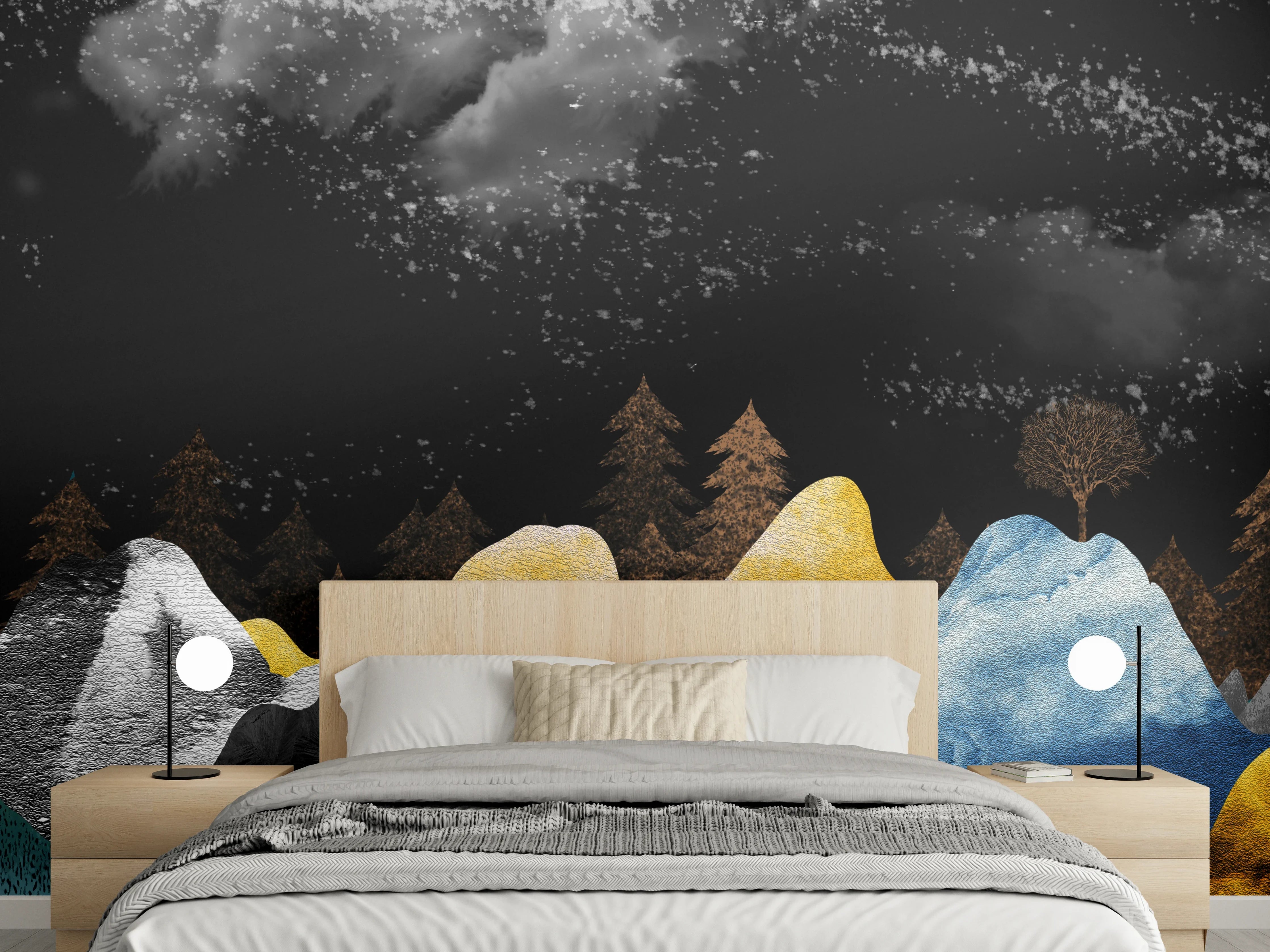 Wandverkleidung Schlafzimmer - Abstrakte Berglandschaft in Nachtfarben