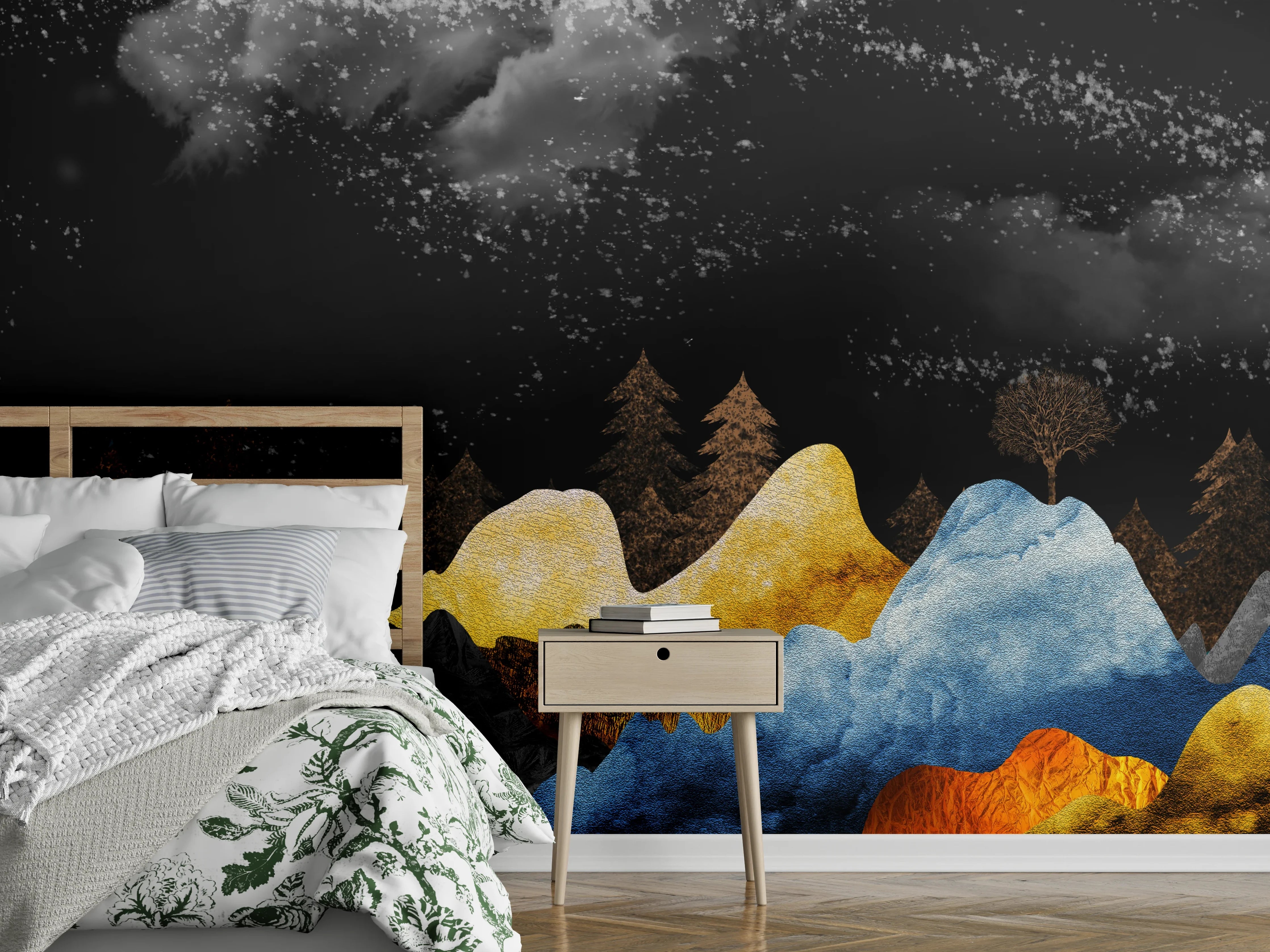 Wandverkleidung Schlafzimmer - Abstrakte Berglandschaft in Nachtfarben