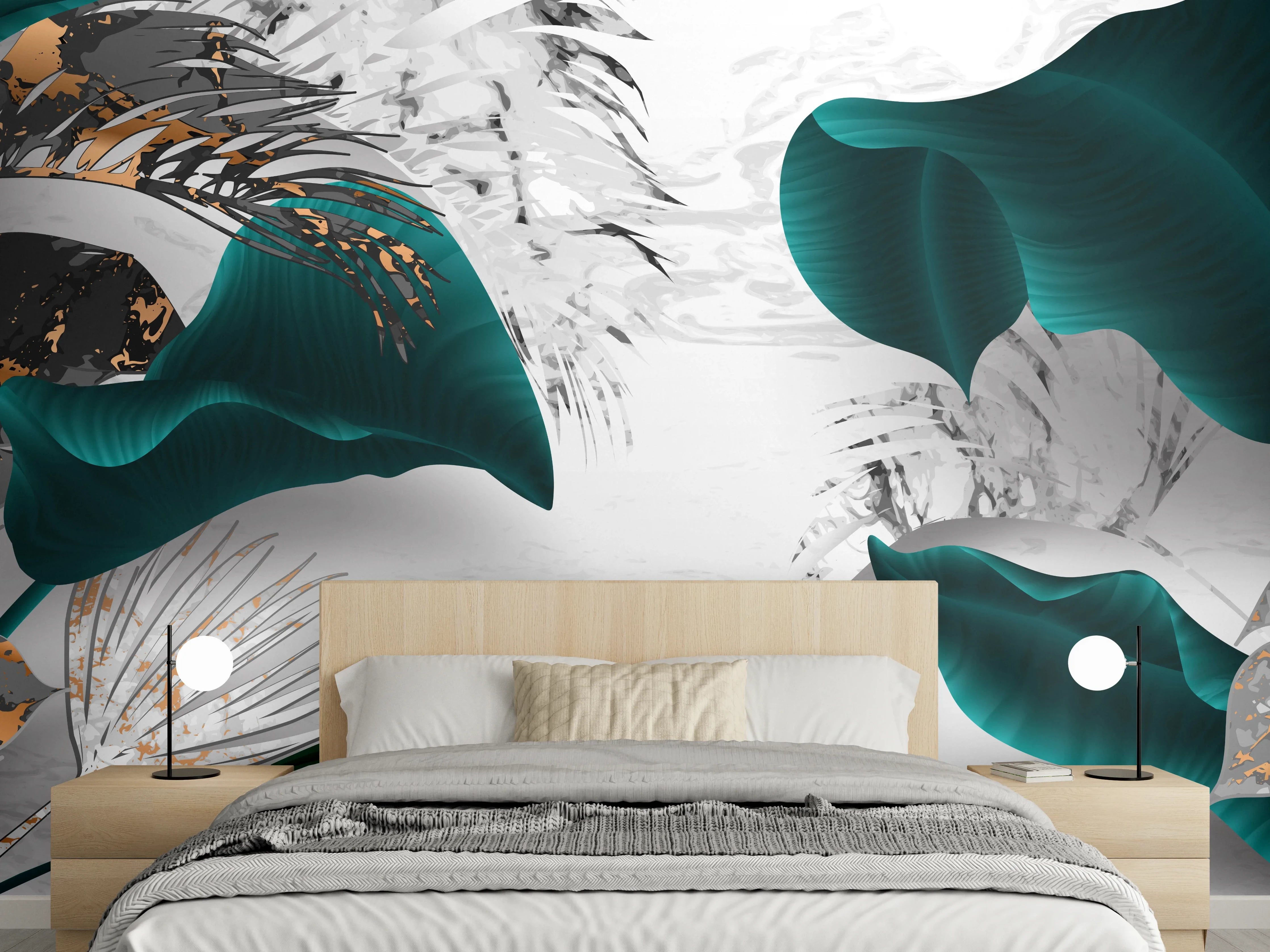 Wandverkleidung Schlafzimmer - Abstrakte Blatt Gold Grau Kunst