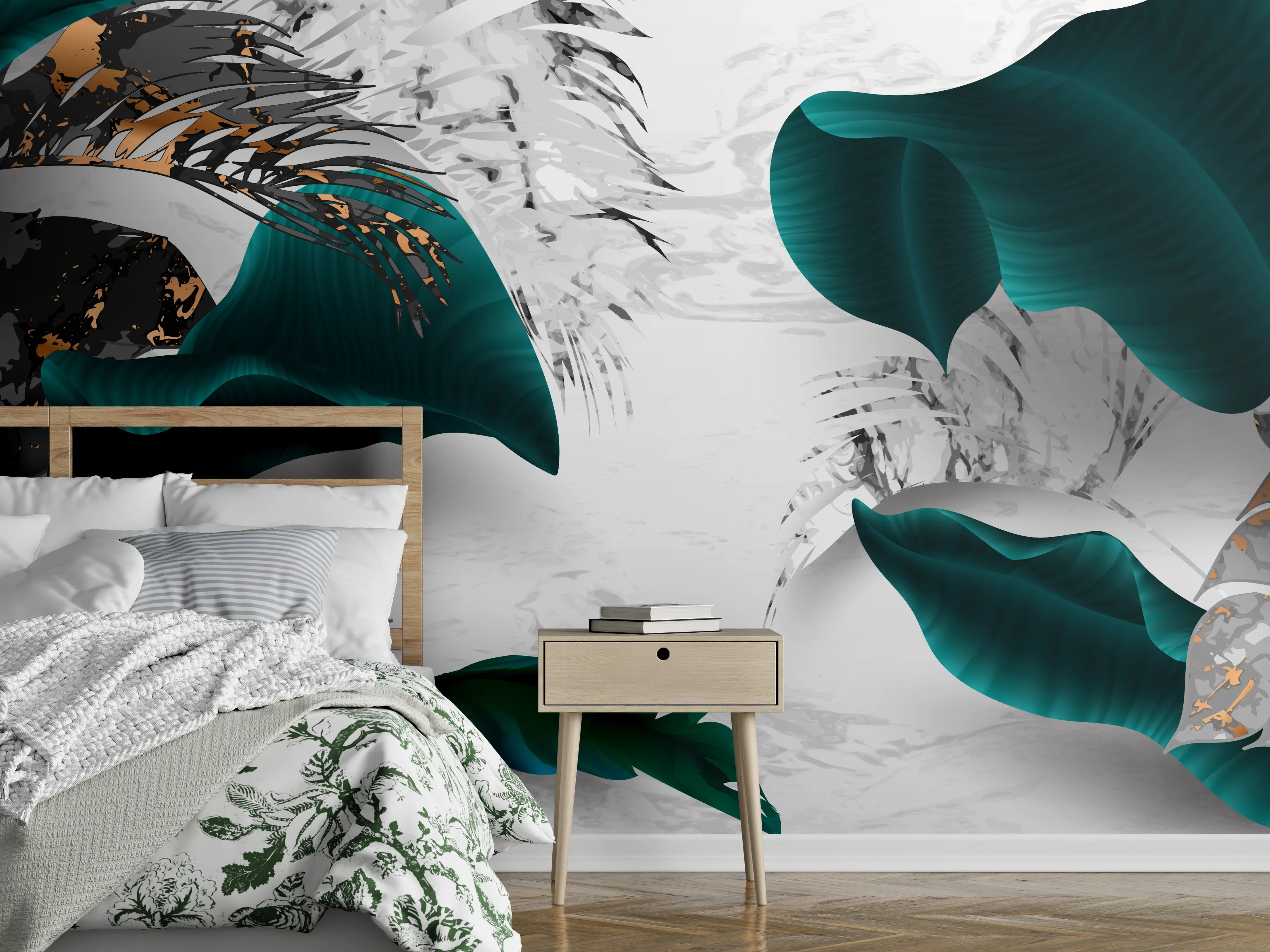 Wandverkleidung Schlafzimmer - Abstrakte Blatt Gold Grau Kunst