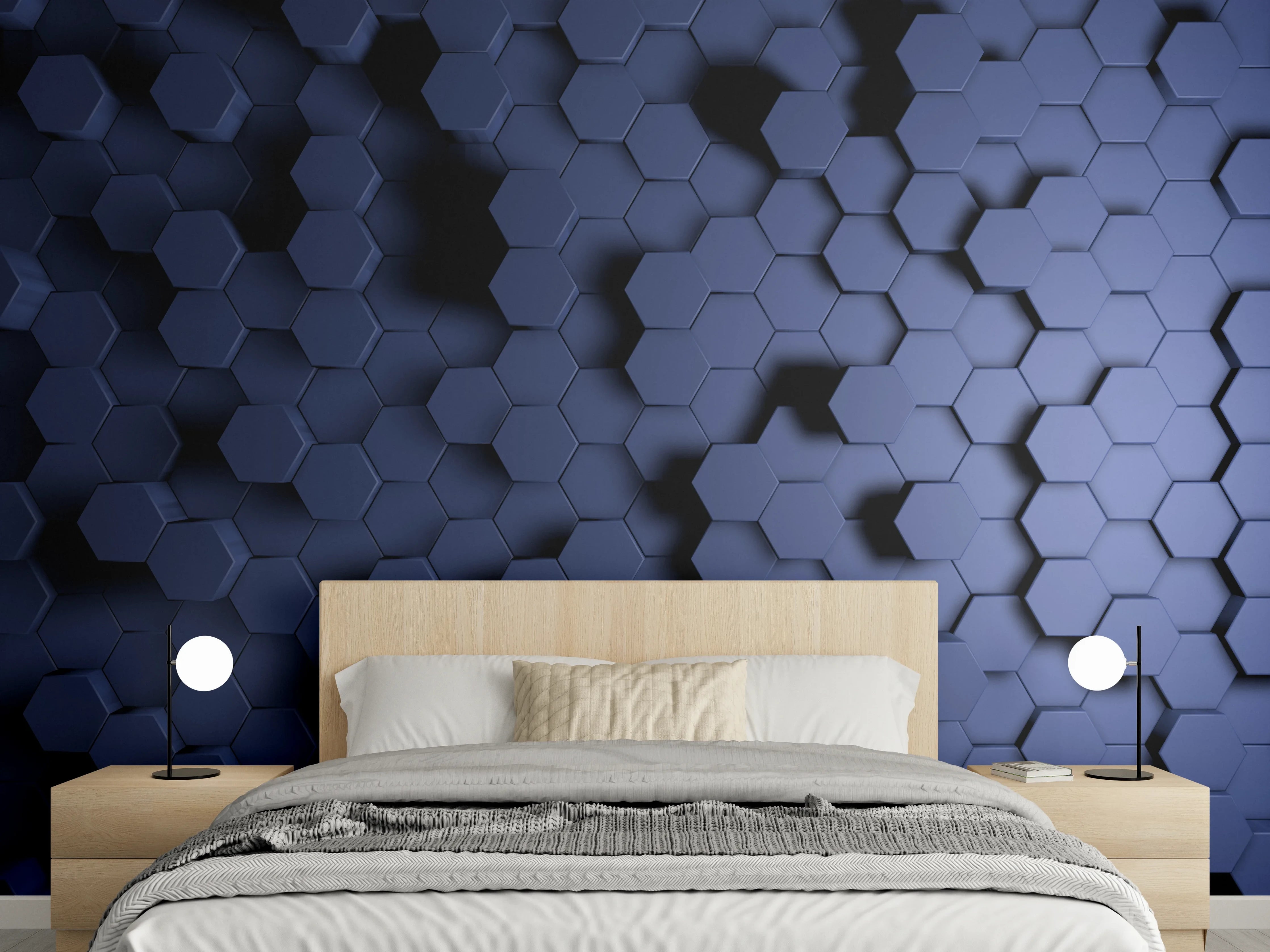 Wandverkleidung Schlafzimmer - Abstrakte Blau-Hexagon-Struktur