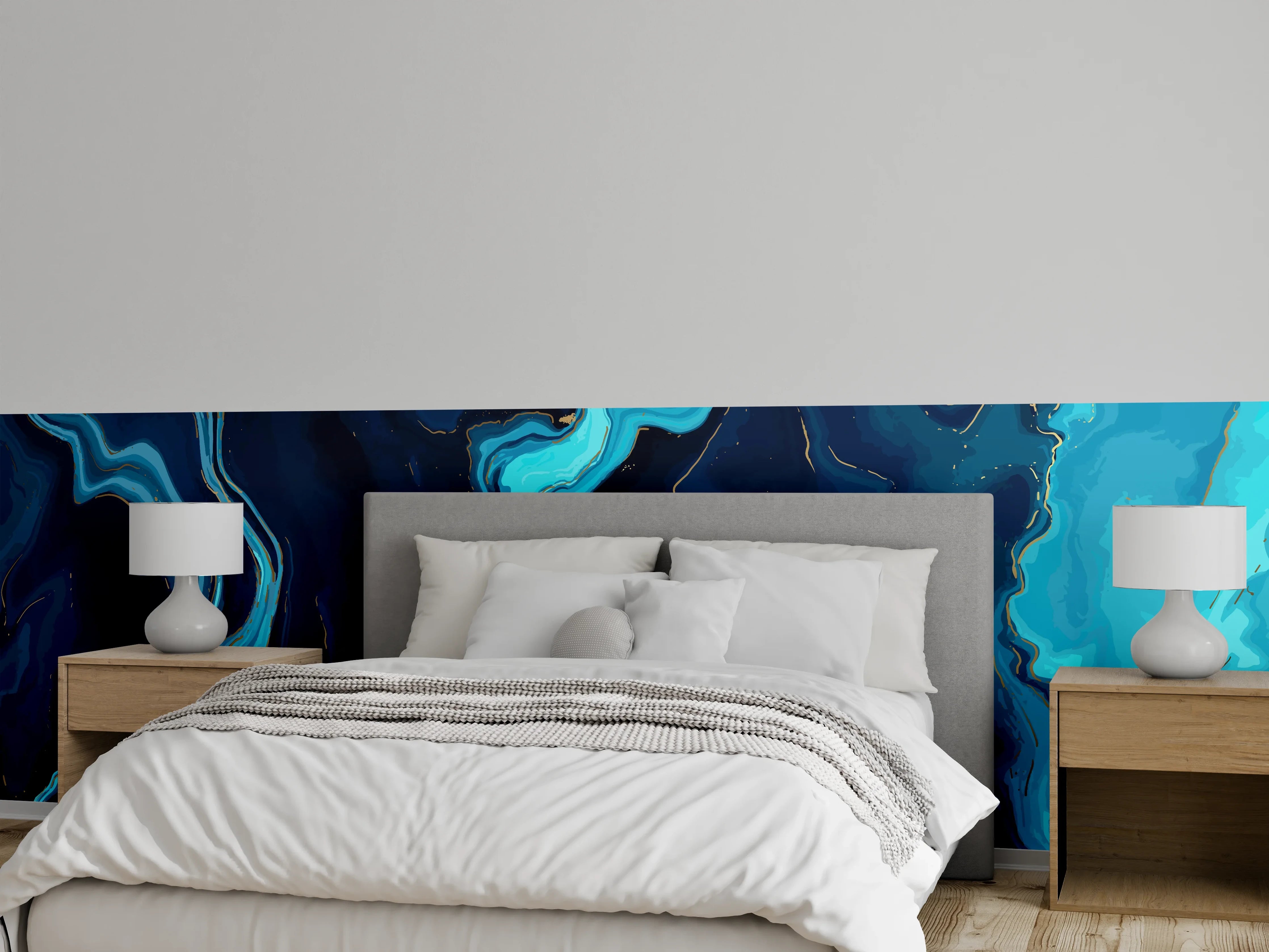 Wandverkleidung Schlafzimmer - Abstrakte Blau-Türkis Strömungen