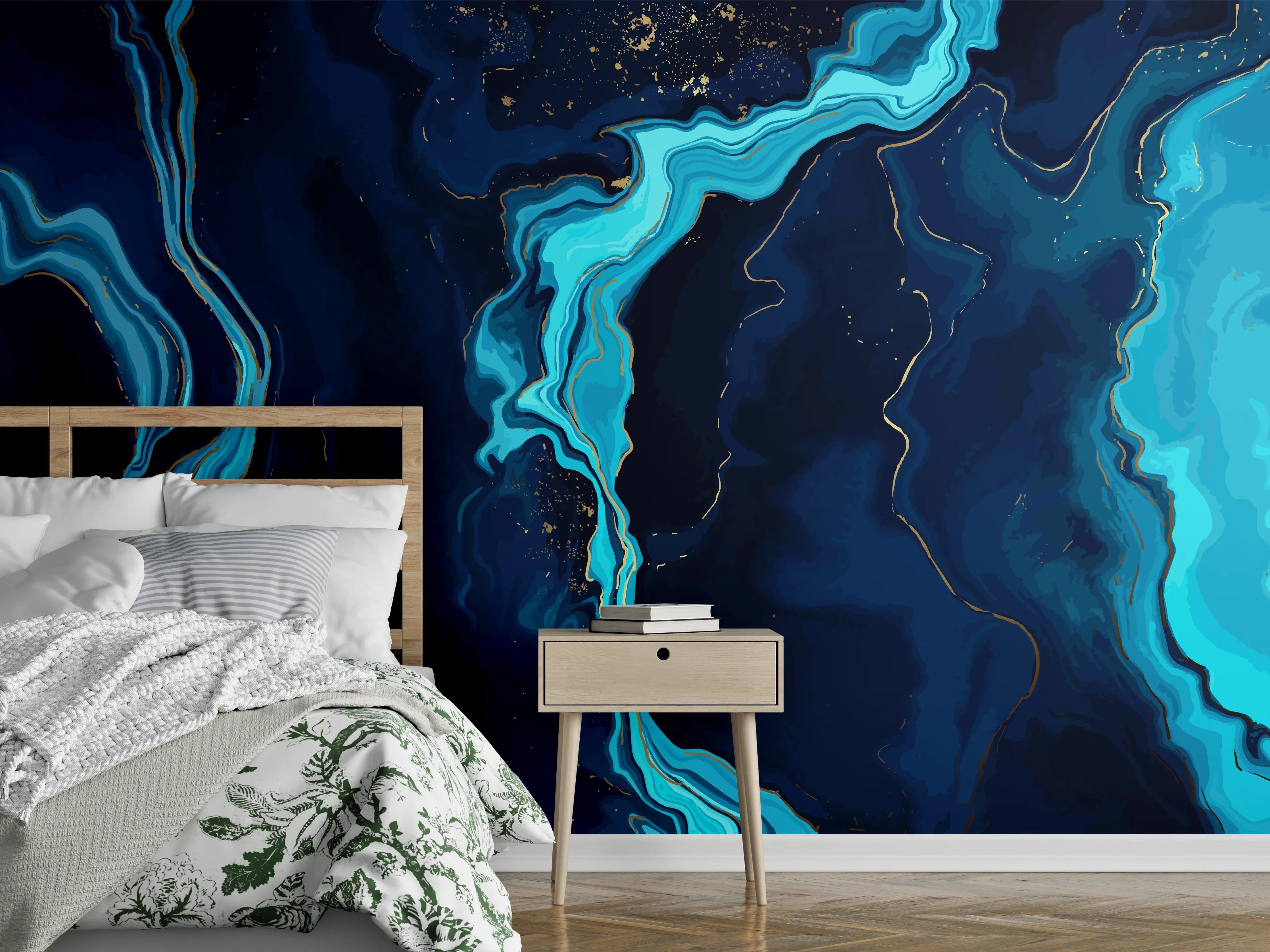 Wandverkleidung Schlafzimmer - Abstrakte Blau-Türkis Strömungen