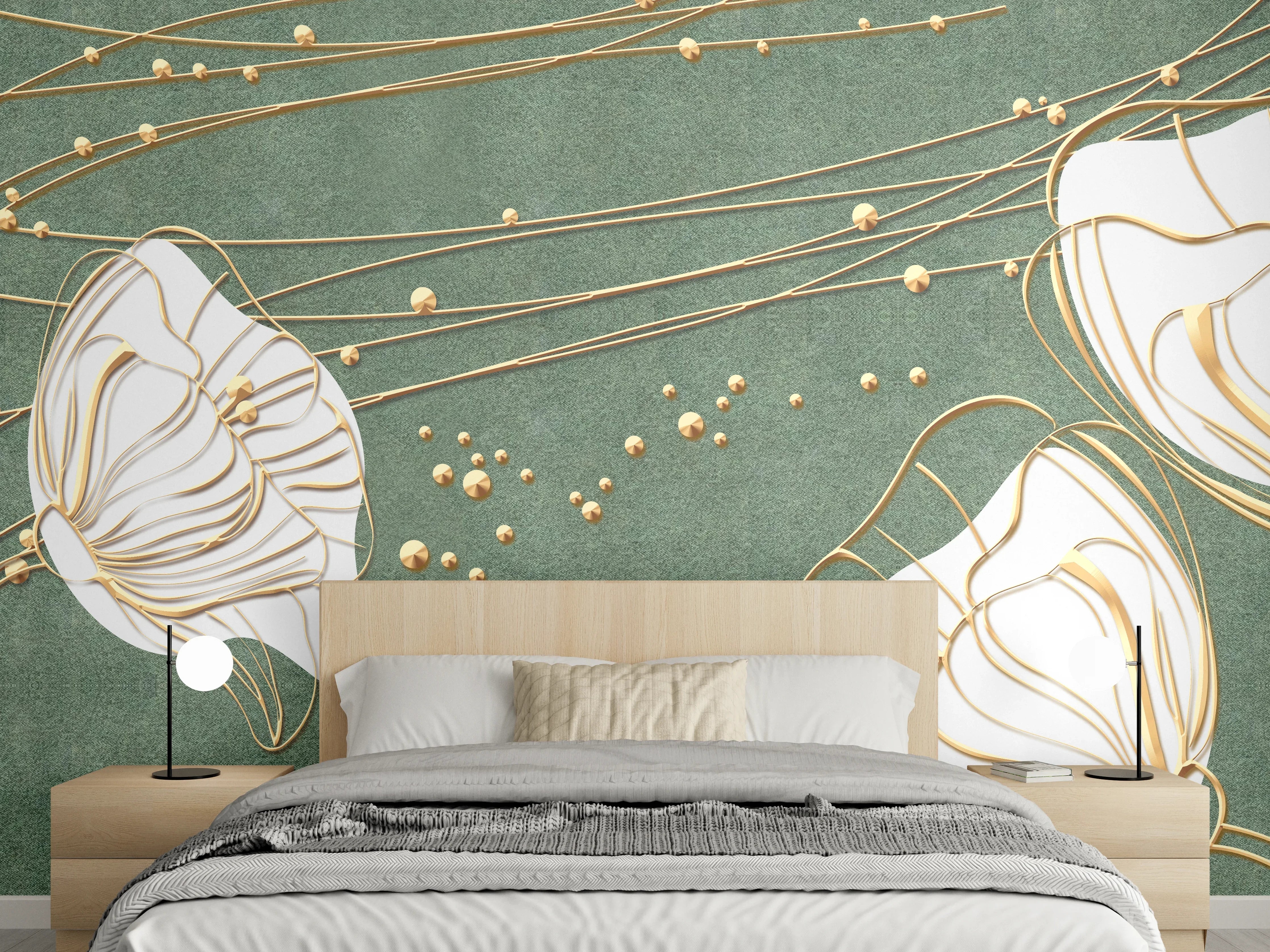 Wandverkleidung Schlafzimmer - Abstrakte Blumen Beige Grün