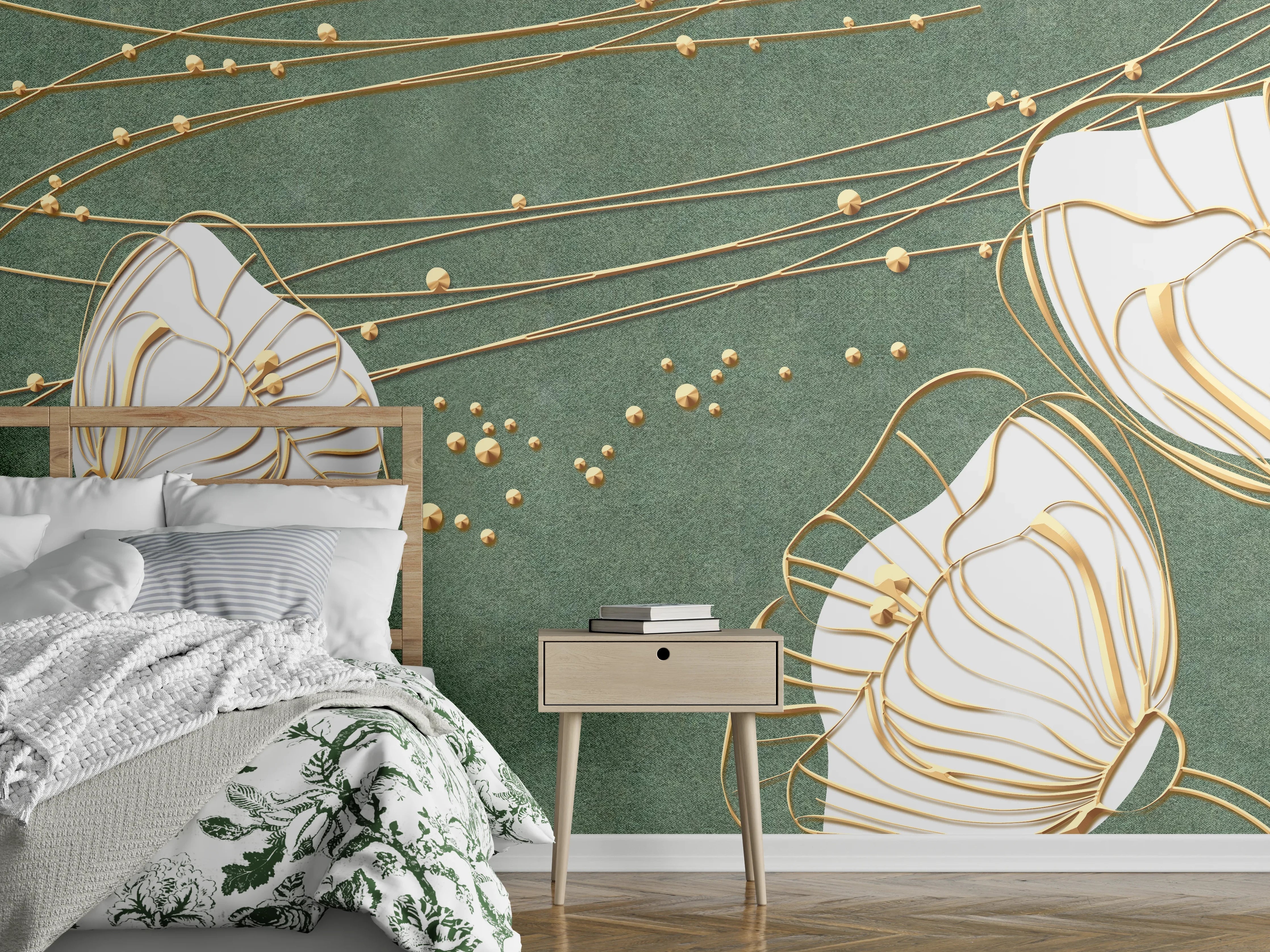 Wandverkleidung Schlafzimmer - Abstrakte Blumen Beige Grün