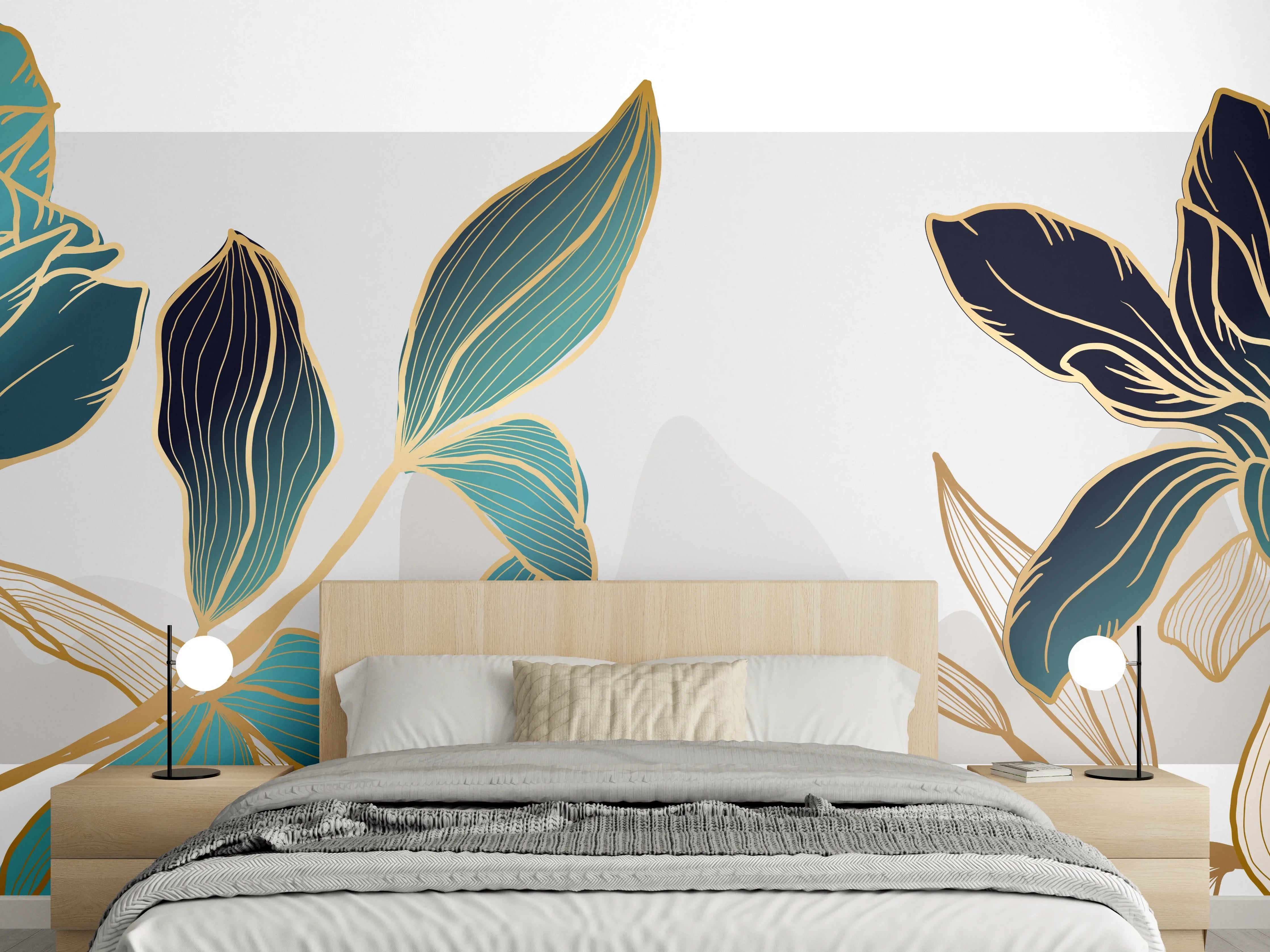 Wandverkleidung Schlafzimmer - Abstrakte Blumen Gold-Blau Illustration