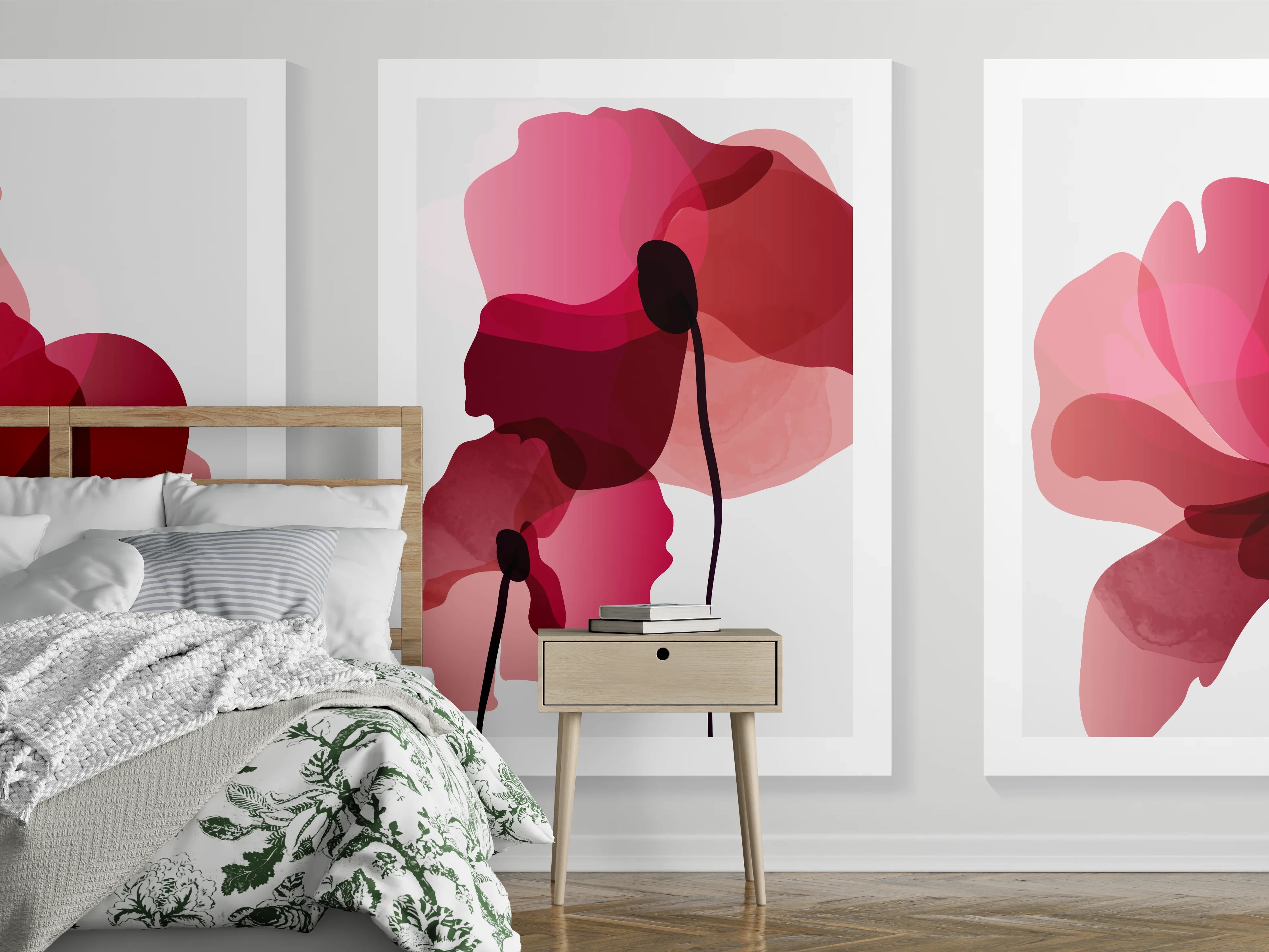 Wandverkleidung Schlafzimmer - Abstrakte Blumen Triptychon Rot