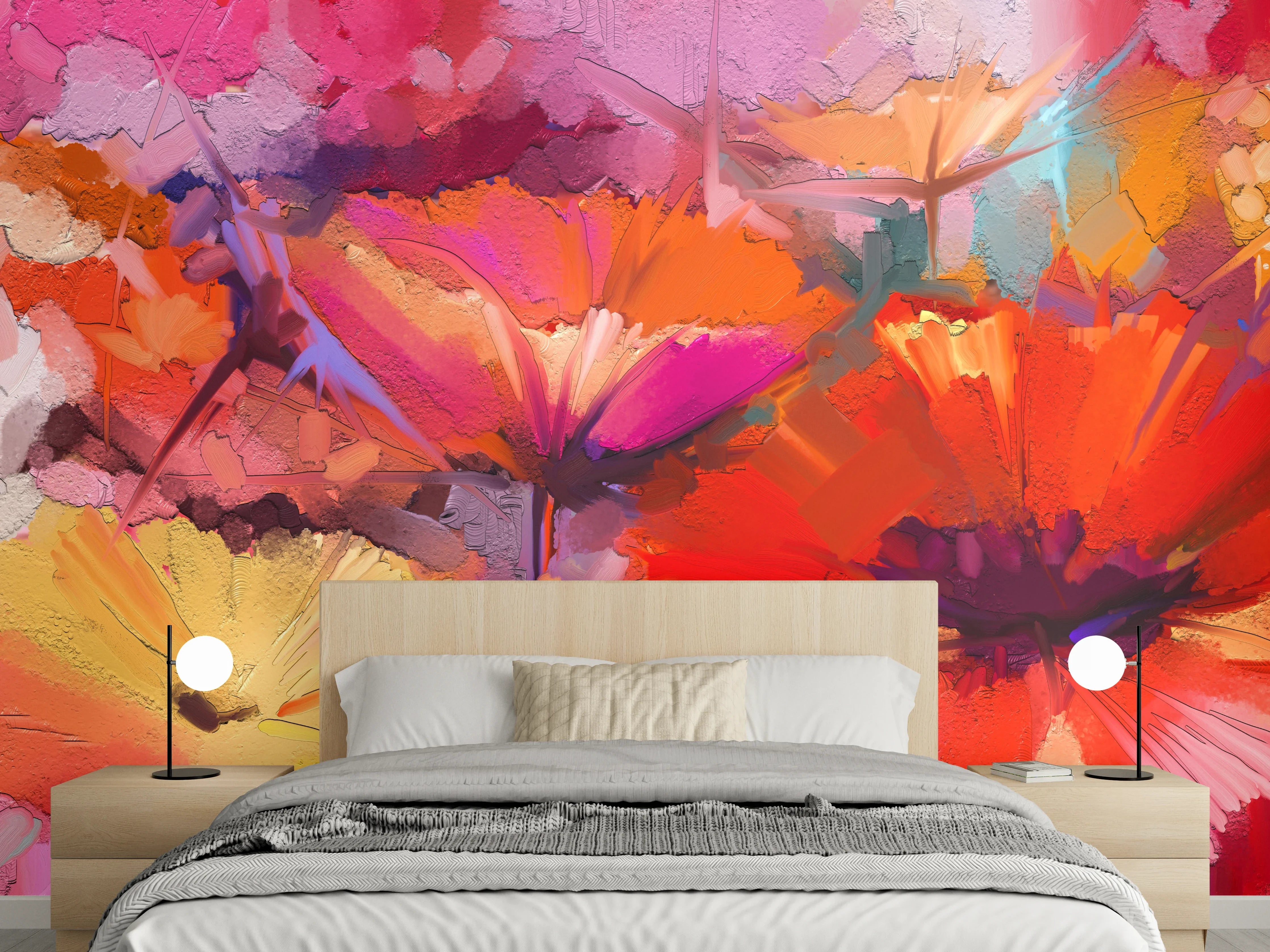 Wandverkleidung Schlafzimmer - Abstrakte Blumen in kräftigen Farben