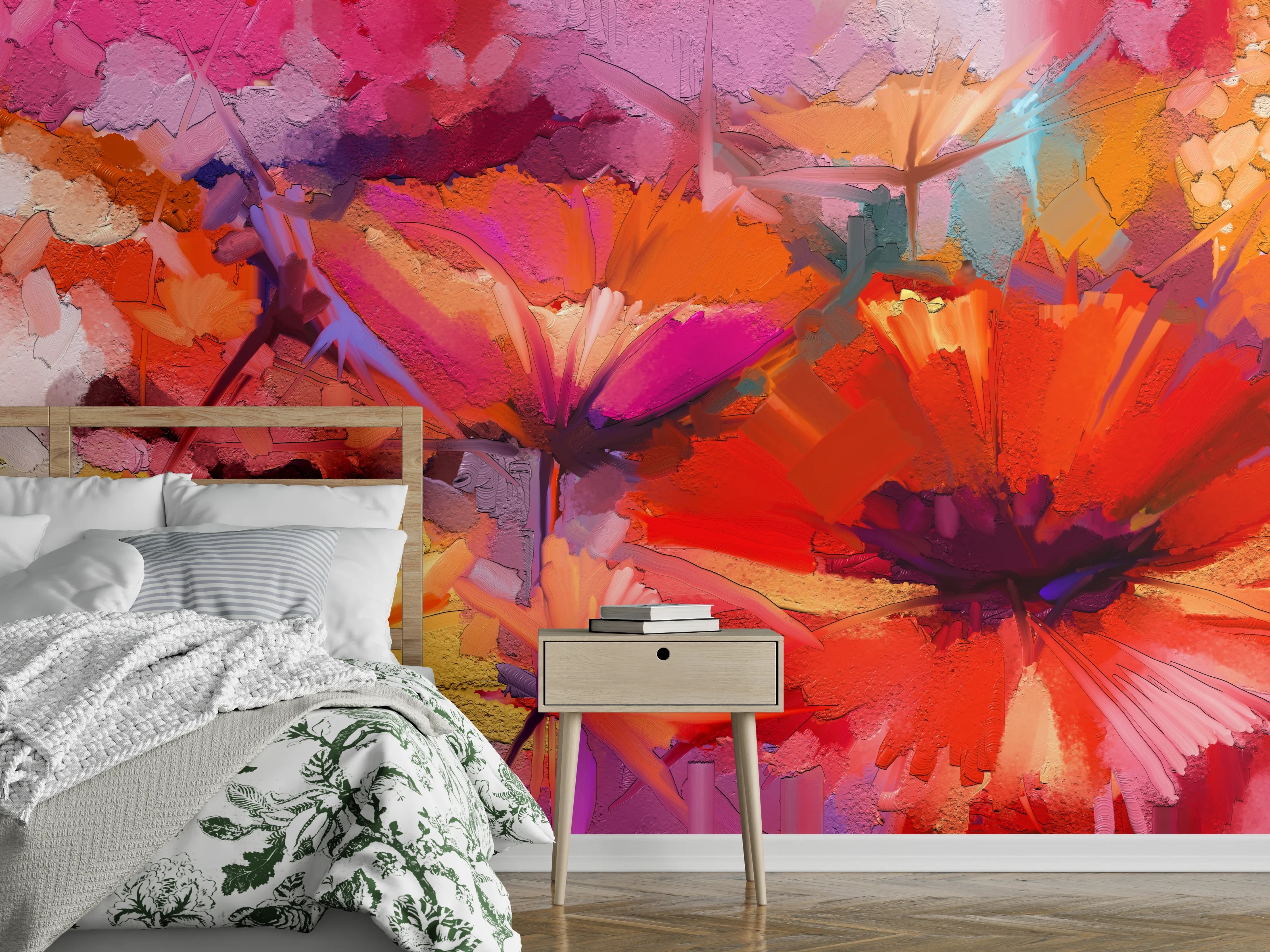 Wandverkleidung Schlafzimmer - Abstrakte Blumen in kräftigen Farben