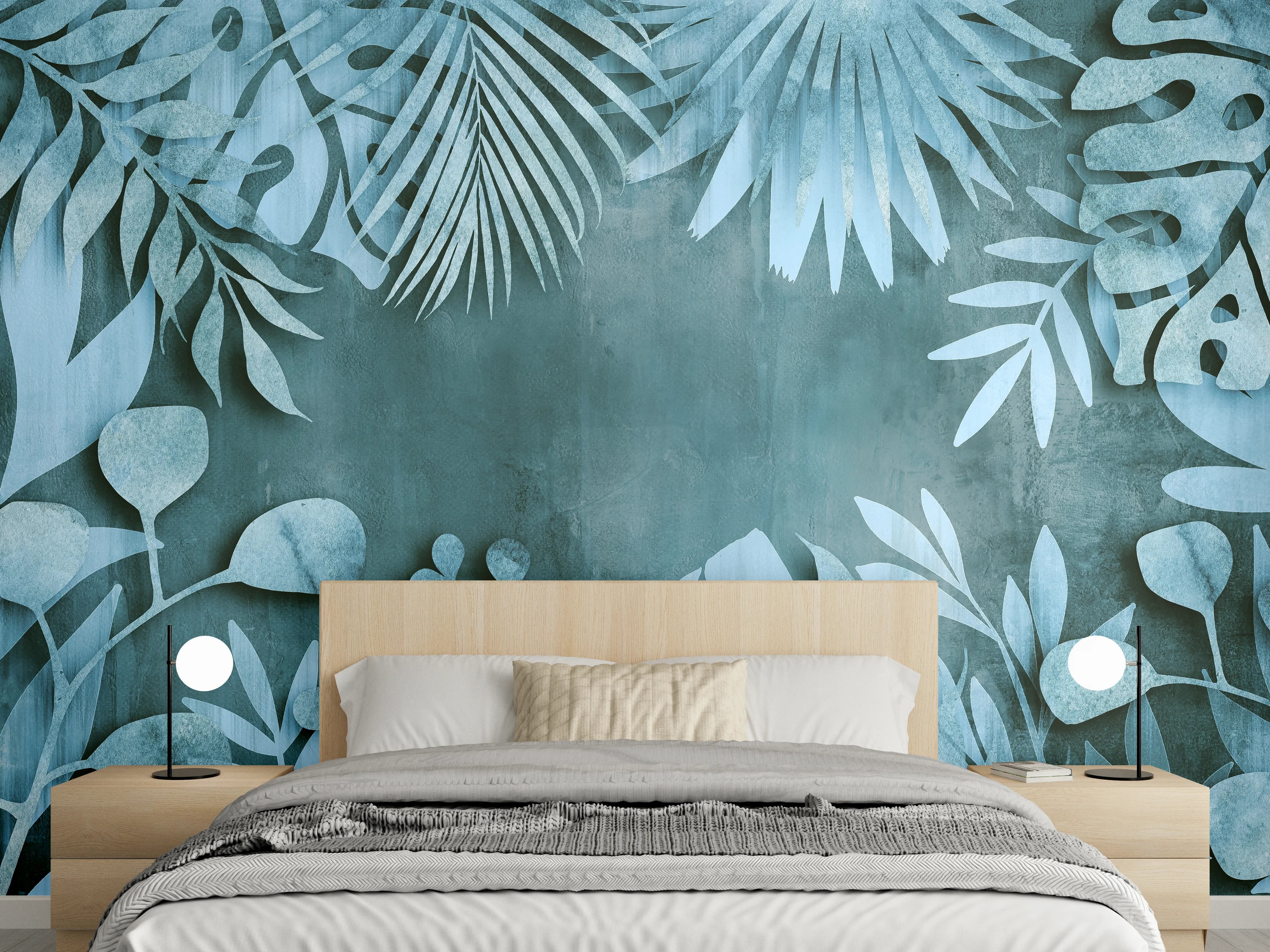Wandverkleidung Schlafzimmer - Abstrakte Botanik in Blau-Türkis