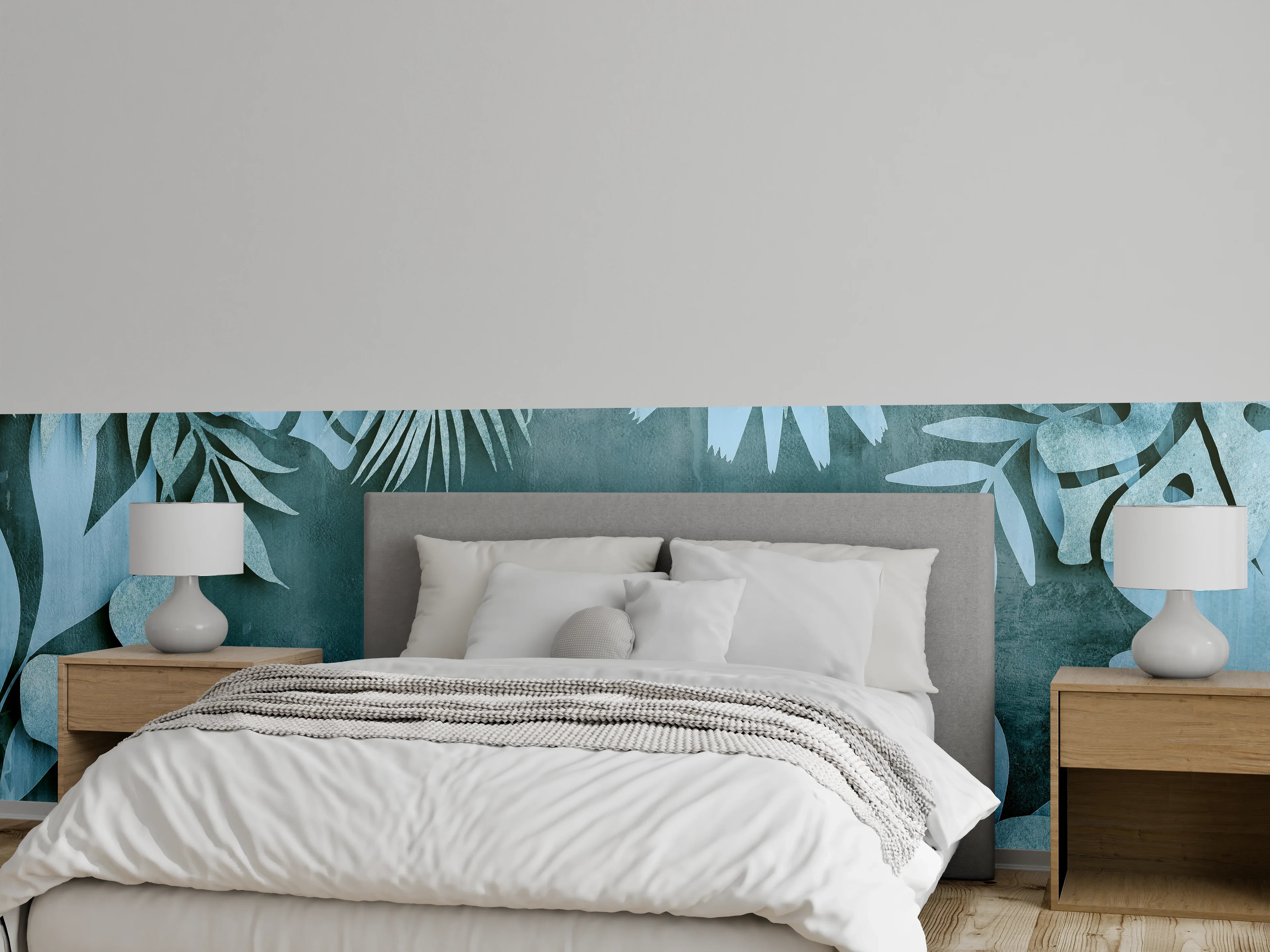 Wandverkleidung Schlafzimmer - Abstrakte Botanik in Blau-Türkis