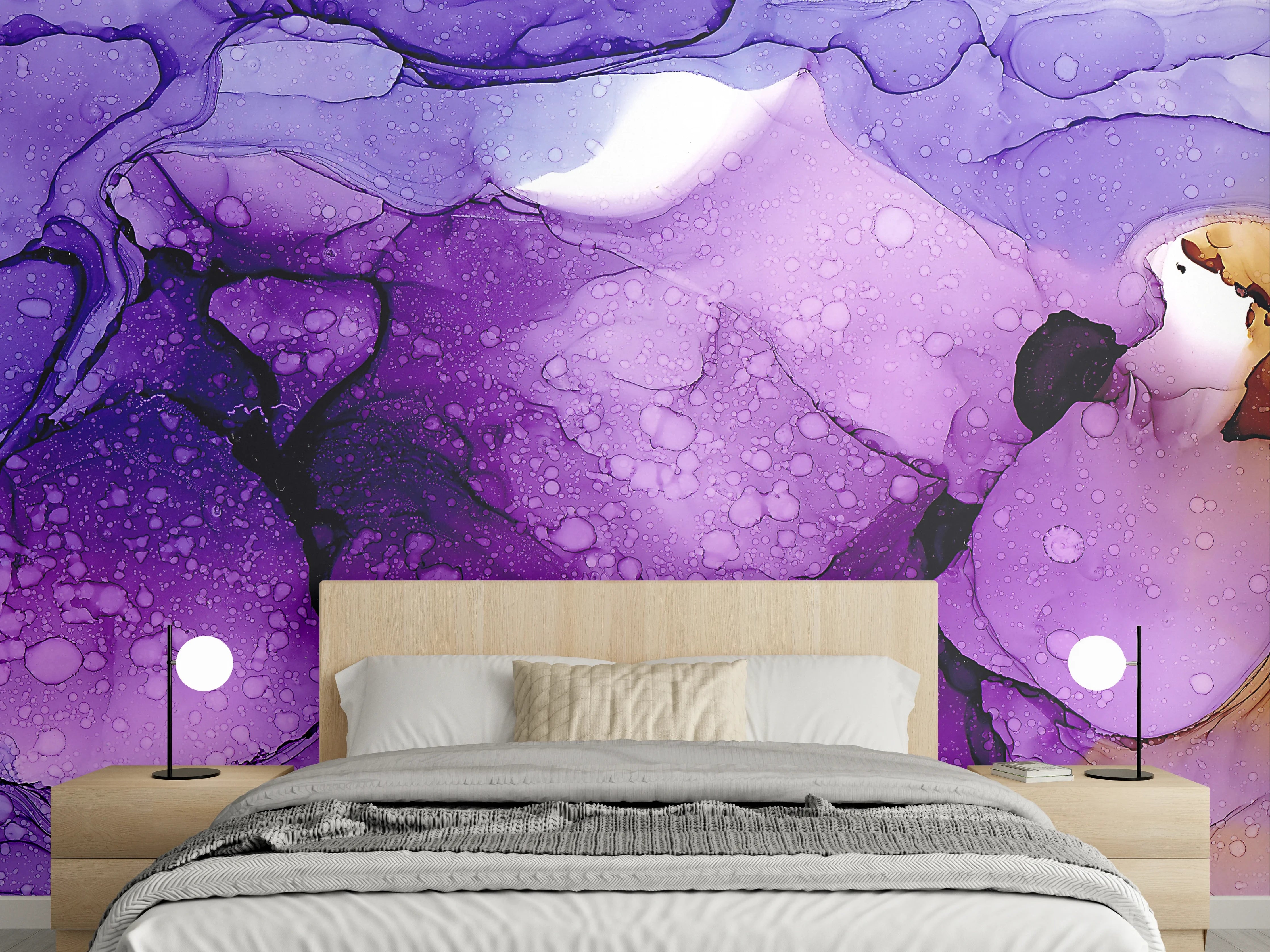 Wandverkleidung Schlafzimmer - Abstrakte Farbenpracht in Lila und Blau