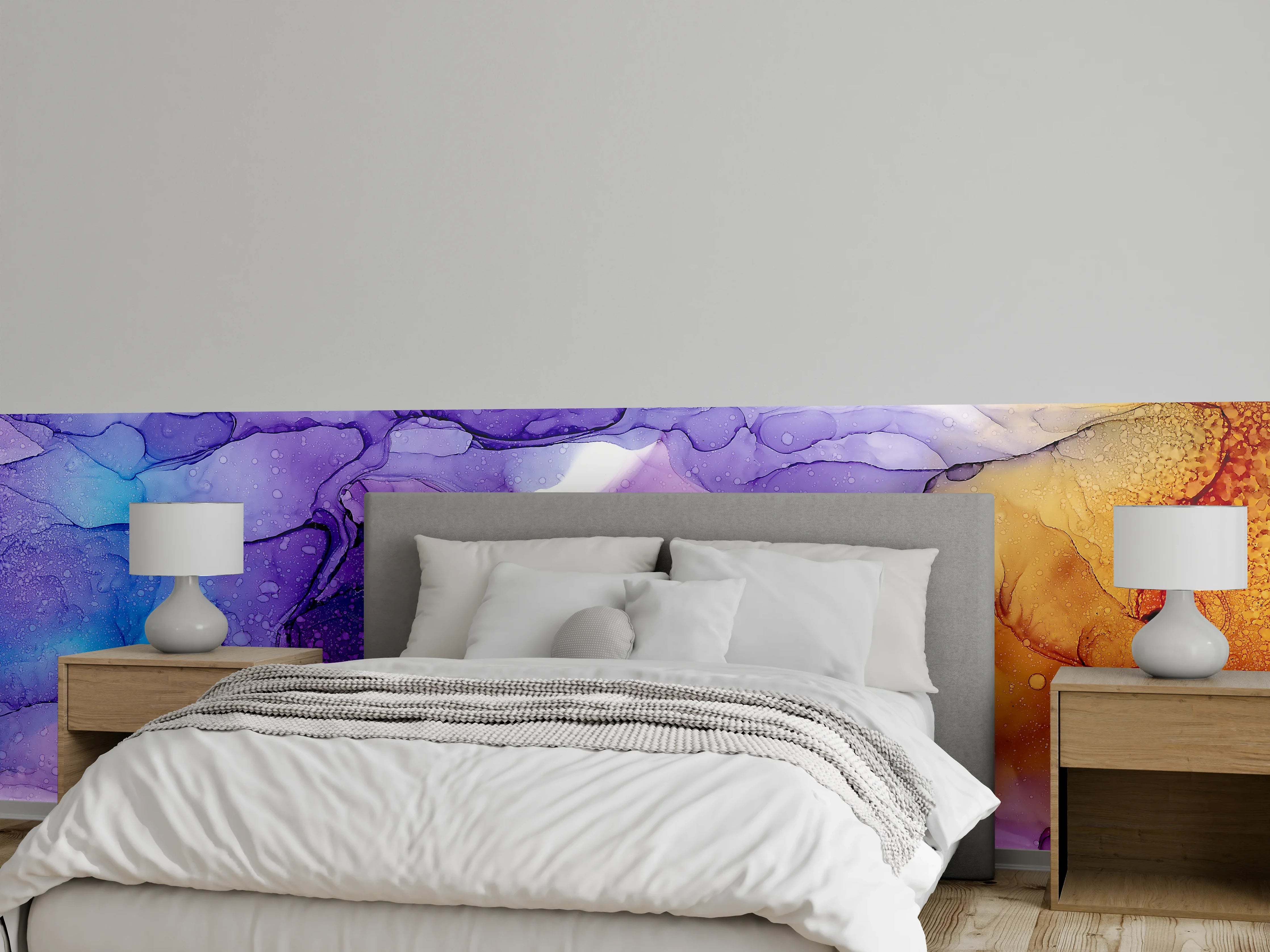Wandverkleidung Schlafzimmer - Abstrakte Farbenpracht in Lila und Blau