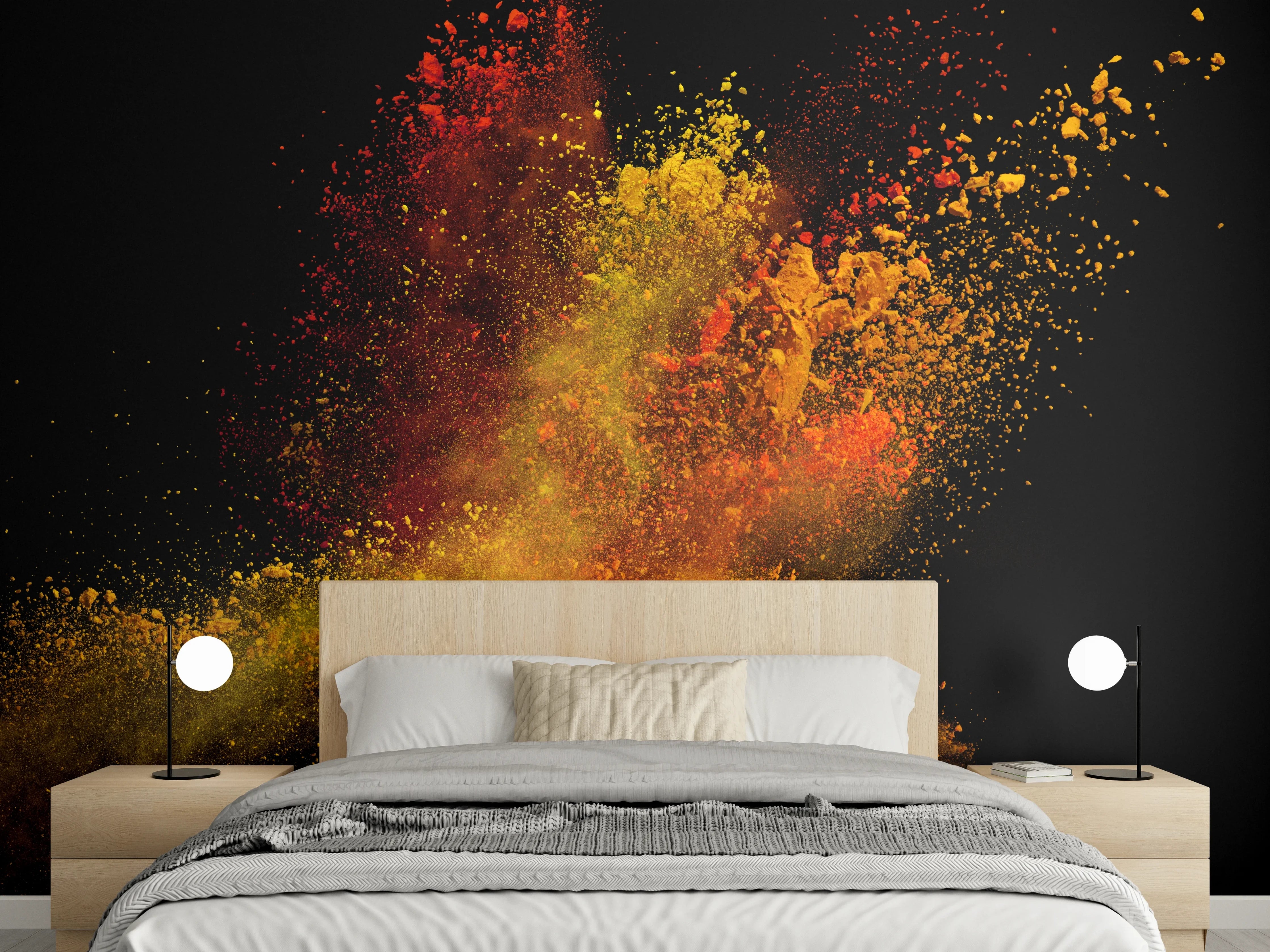Wandverkleidung Schlafzimmer - Abstrakte Farbexplosion Rot Gelb Orange