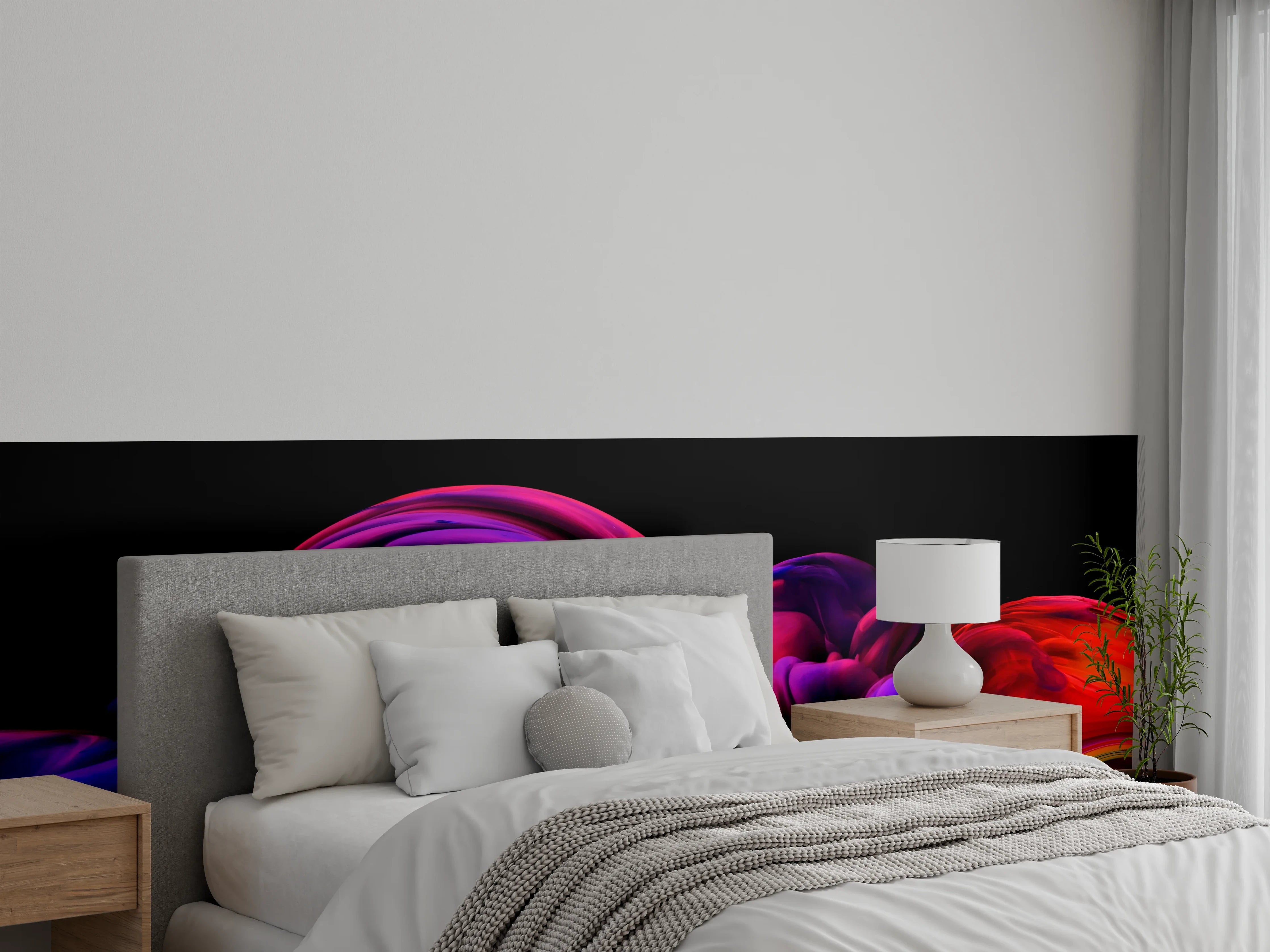 Wandverkleidung Schlafzimmer - Abstrakte Farbexplosion: Lila, Rot, Schwarz