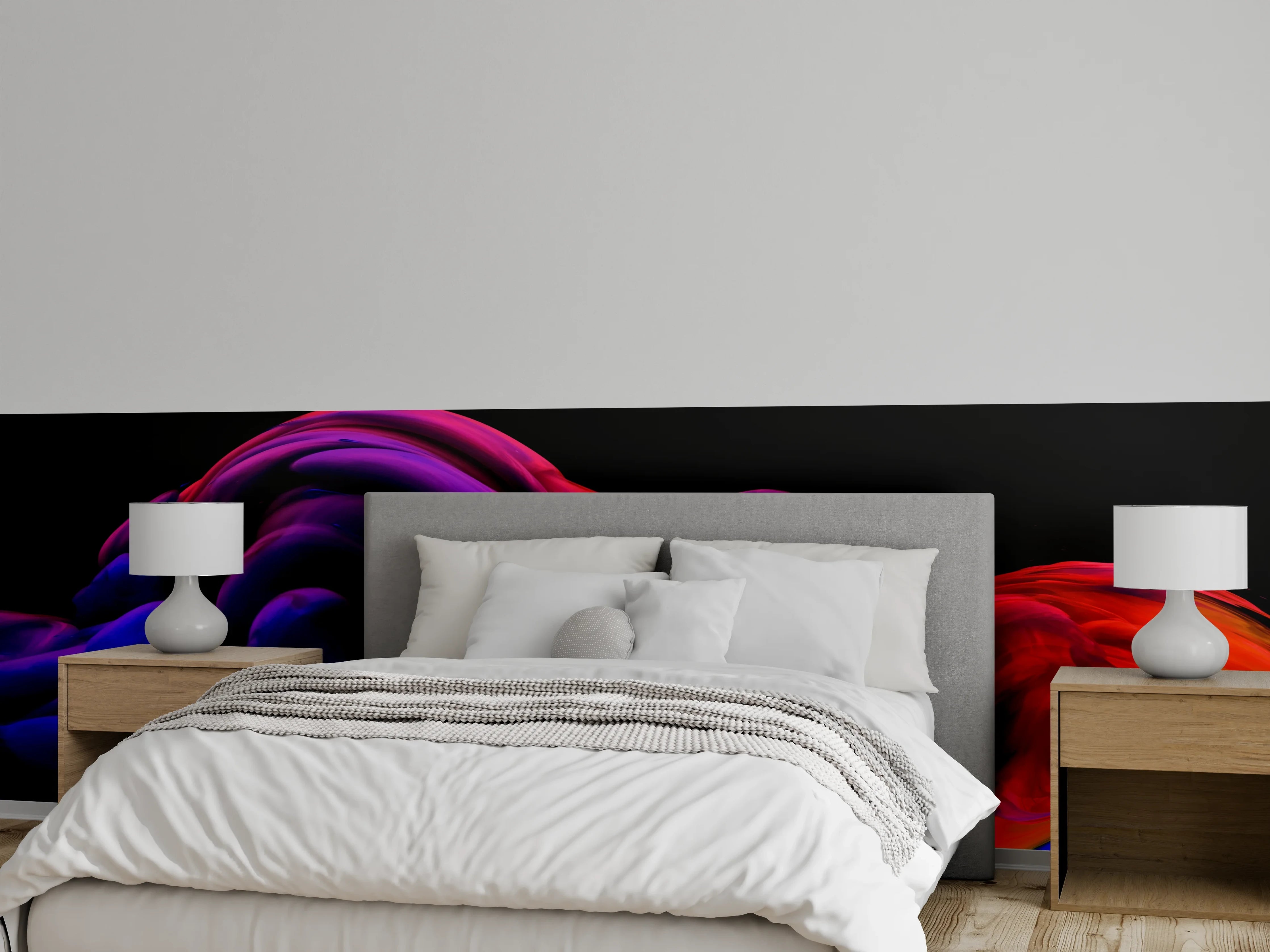 Wandverkleidung Schlafzimmer - Abstrakte Farbexplosion: Lila, Rot, Schwarz