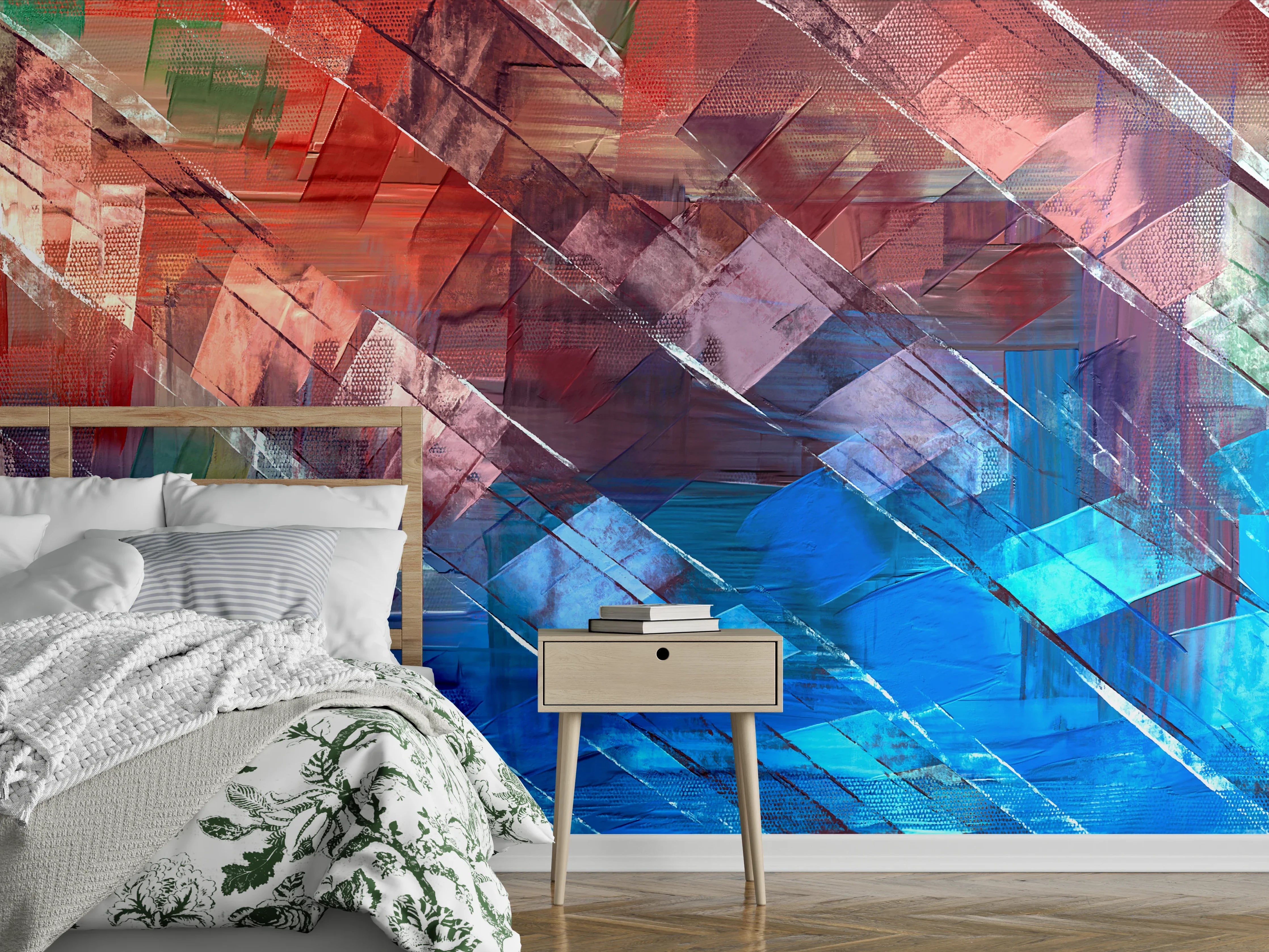 Wandverkleidung Schlafzimmer - Abstrakte Farbkomposition Blau Rot Modern