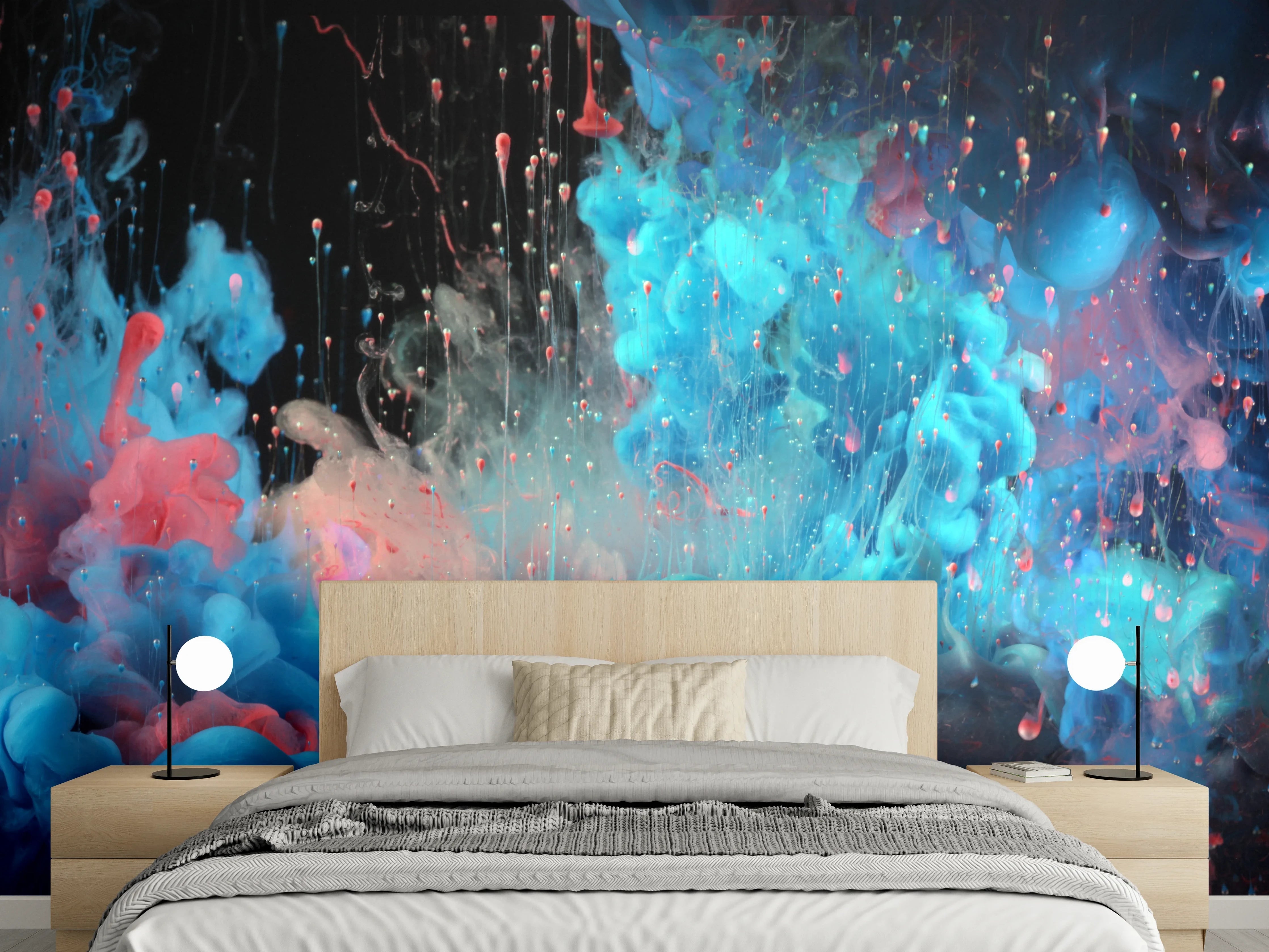 Wandverkleidung Schlafzimmer - Abstrakte Farbwolken in Rot und Blau
