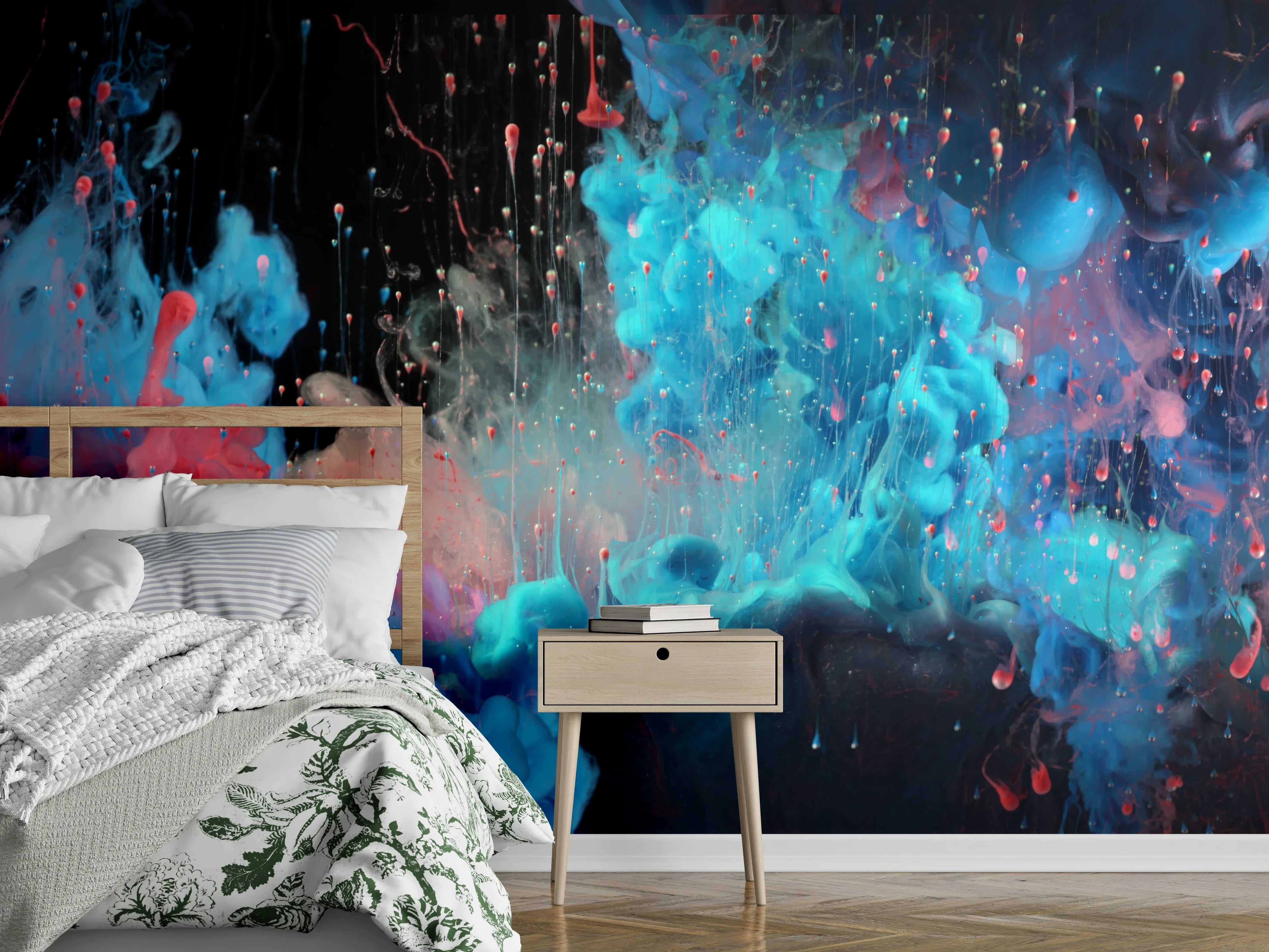 Wandverkleidung Schlafzimmer - Abstrakte Farbwolken in Rot und Blau