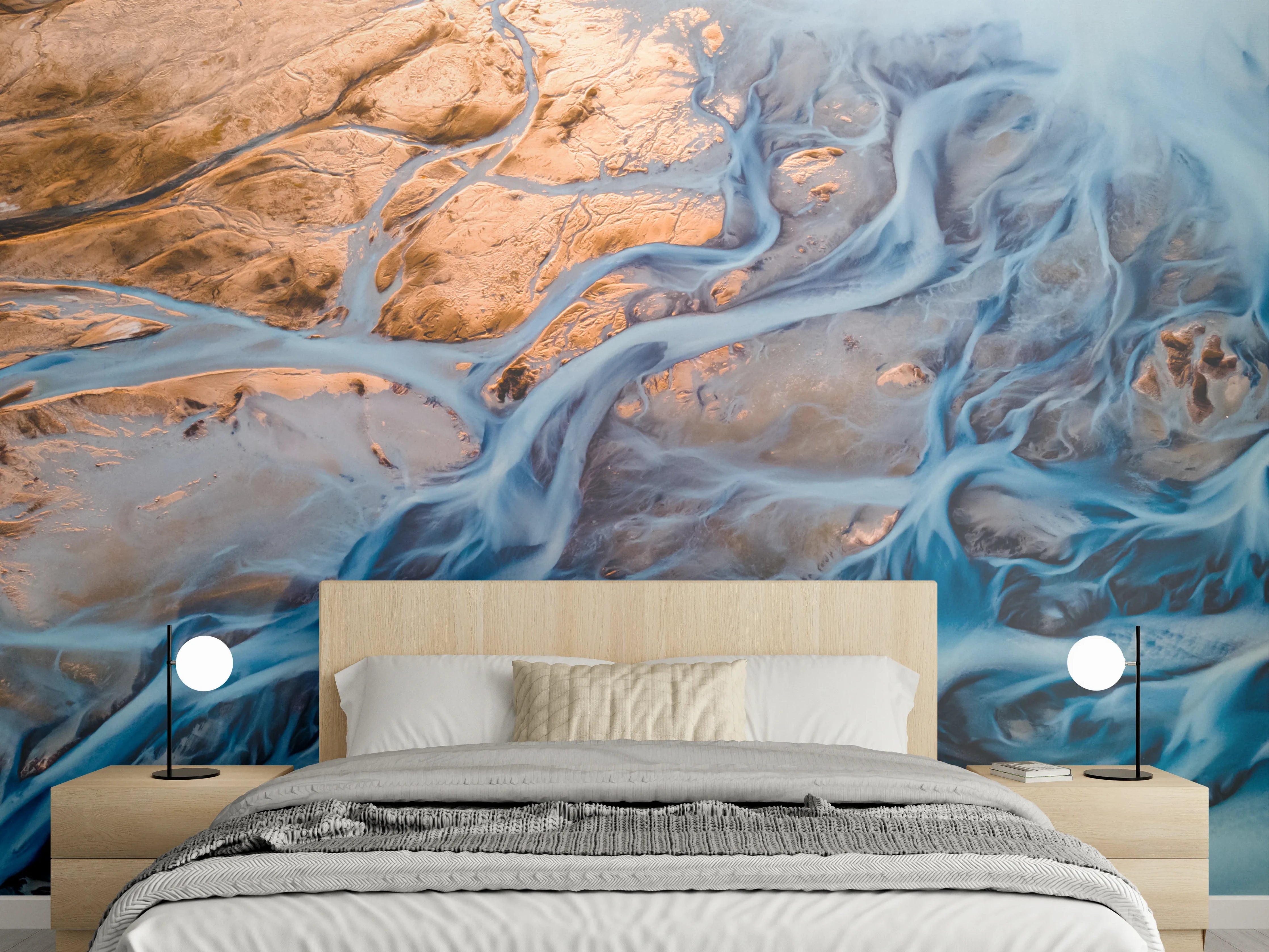 Wandverkleidung Schlafzimmer - Abstrakte Flusslandschaft mit Blautönen