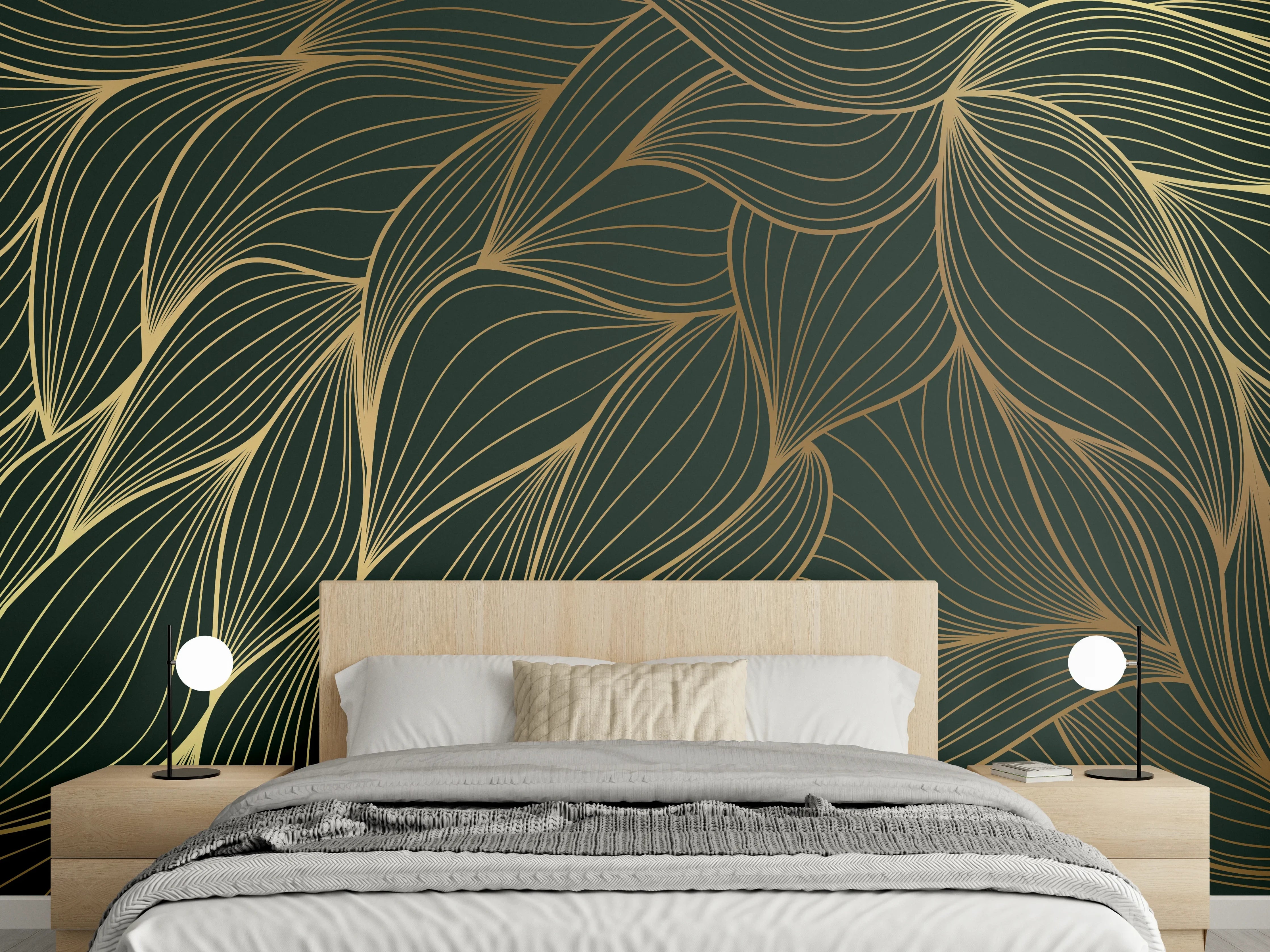 Wandverkleidung Schlafzimmer - Abstrakte Gold-Grün-Wellenmuster