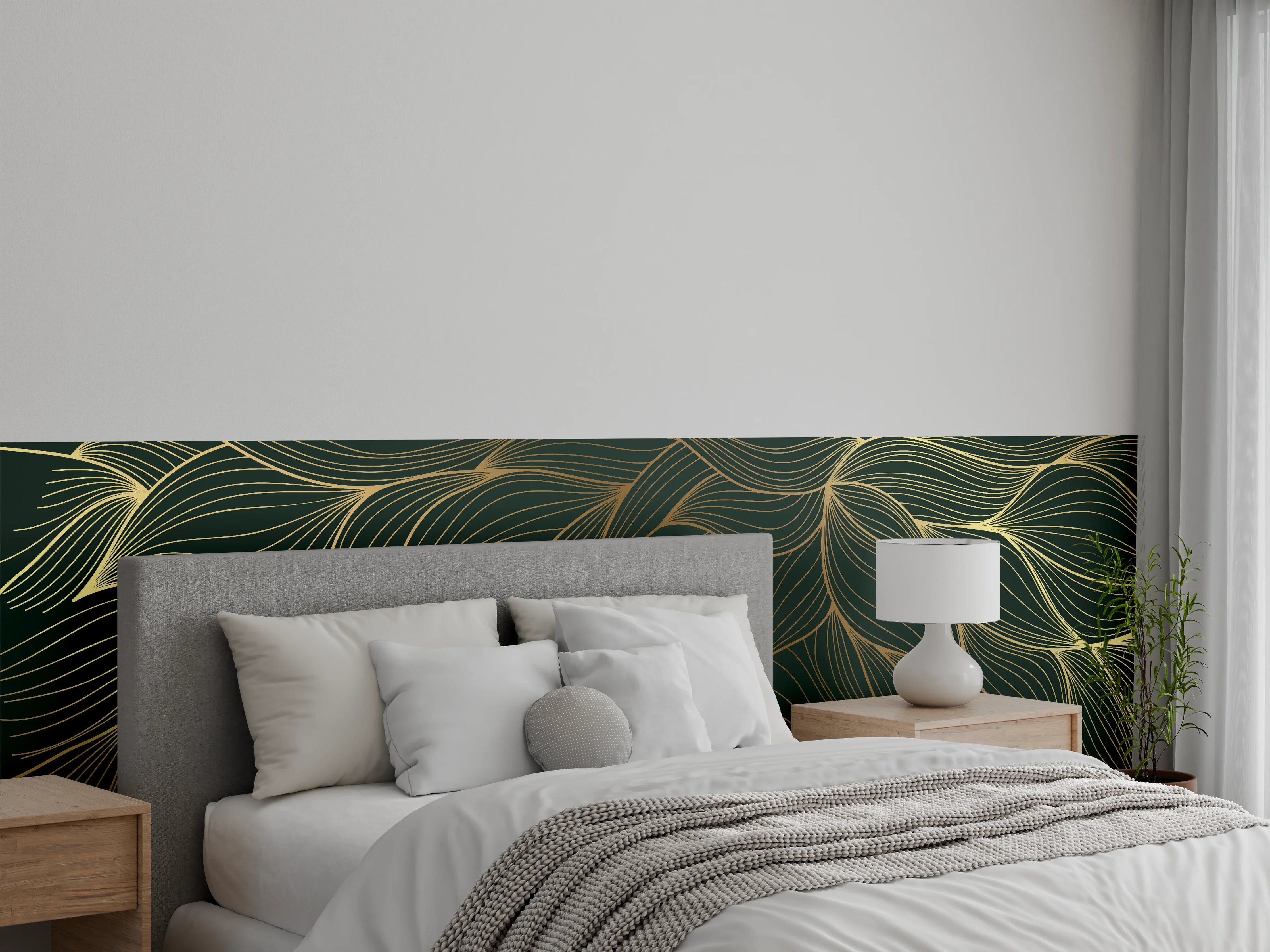 Wandverkleidung Schlafzimmer - Abstrakte Gold-Grün-Wellenmuster