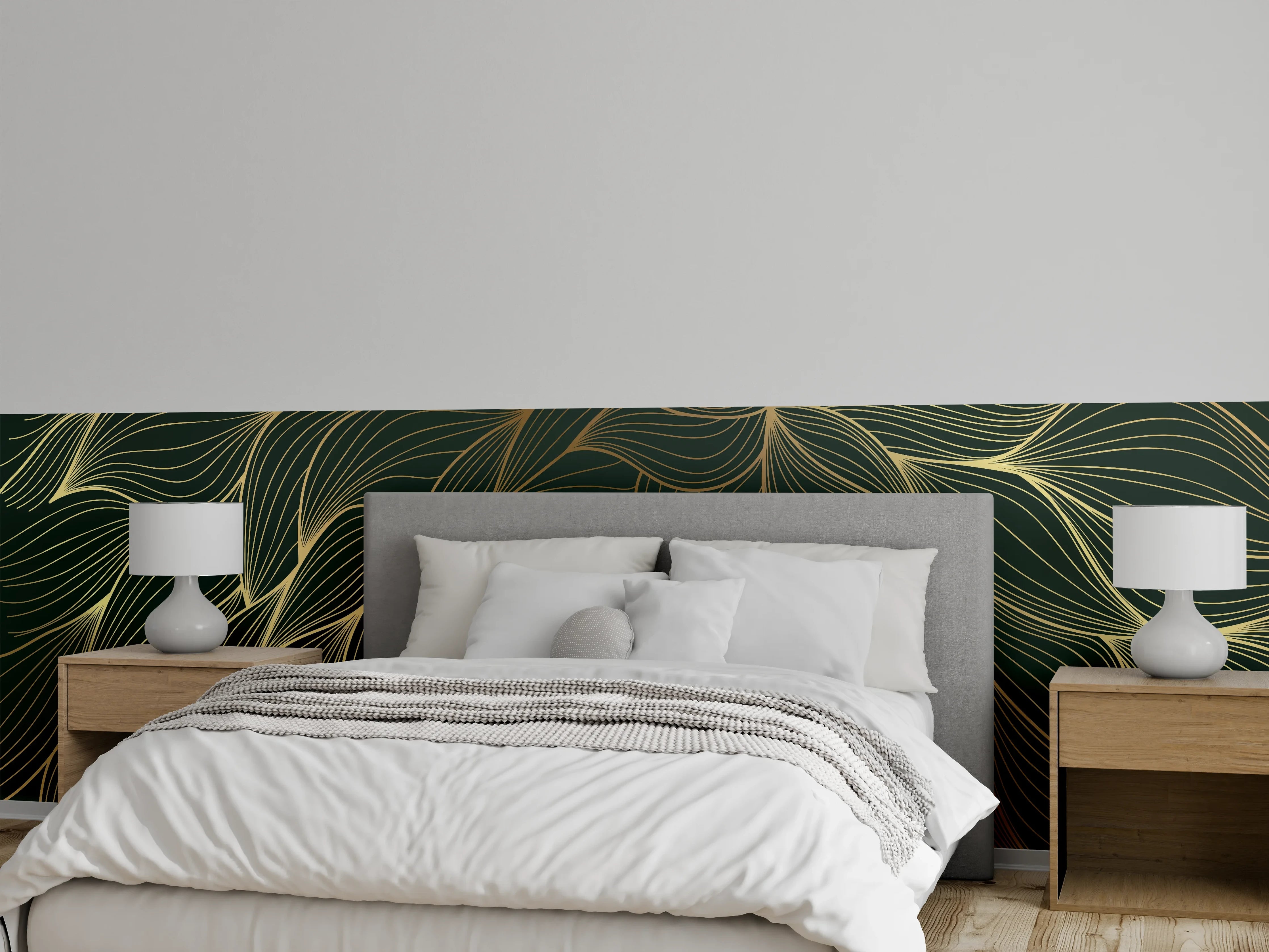 Wandverkleidung Schlafzimmer - Abstrakte Gold-Grün-Wellenmuster