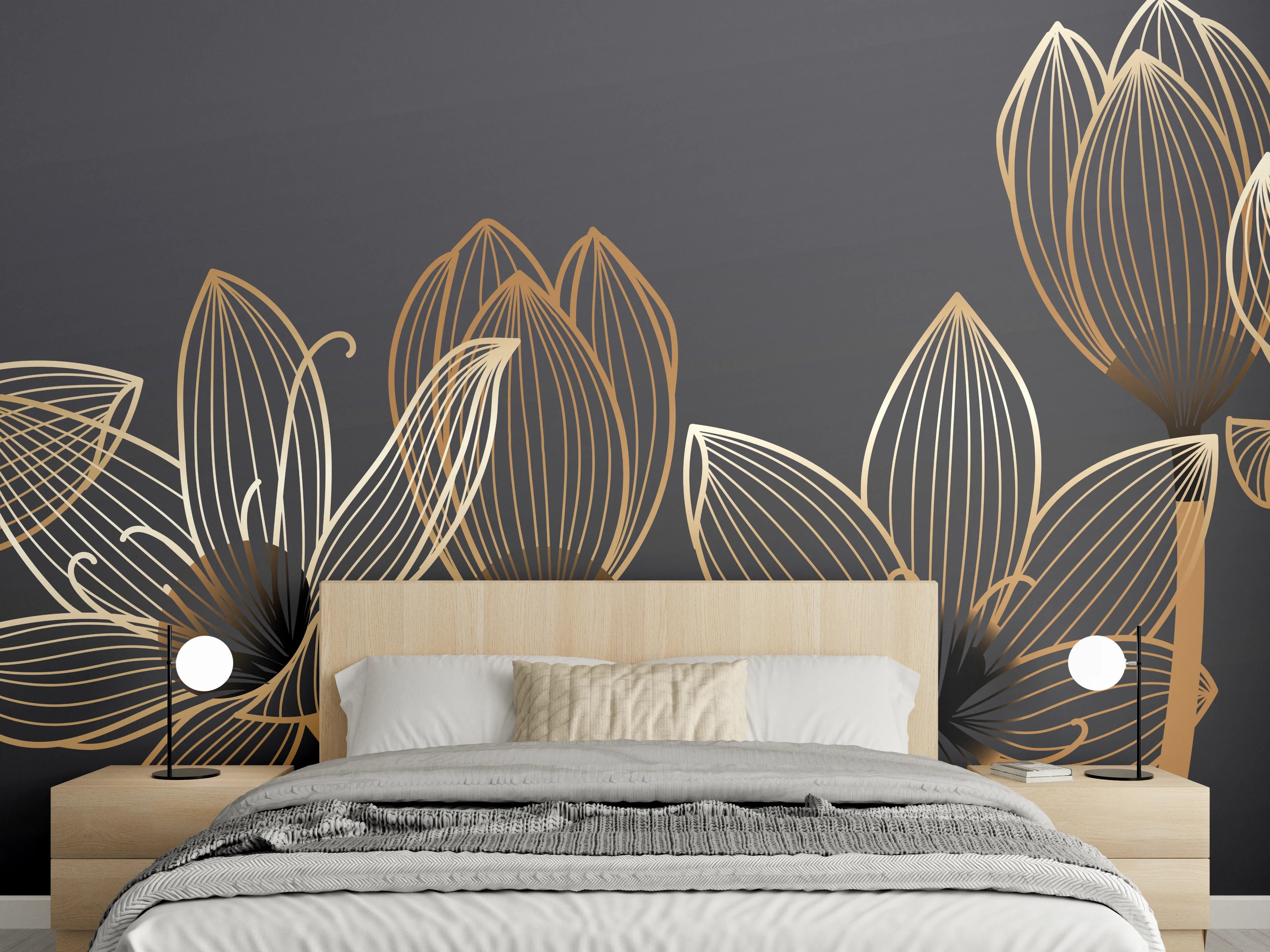 Wandverkleidung Schlafzimmer - Abstrakte Gold-Schwarz Blumen Linienart