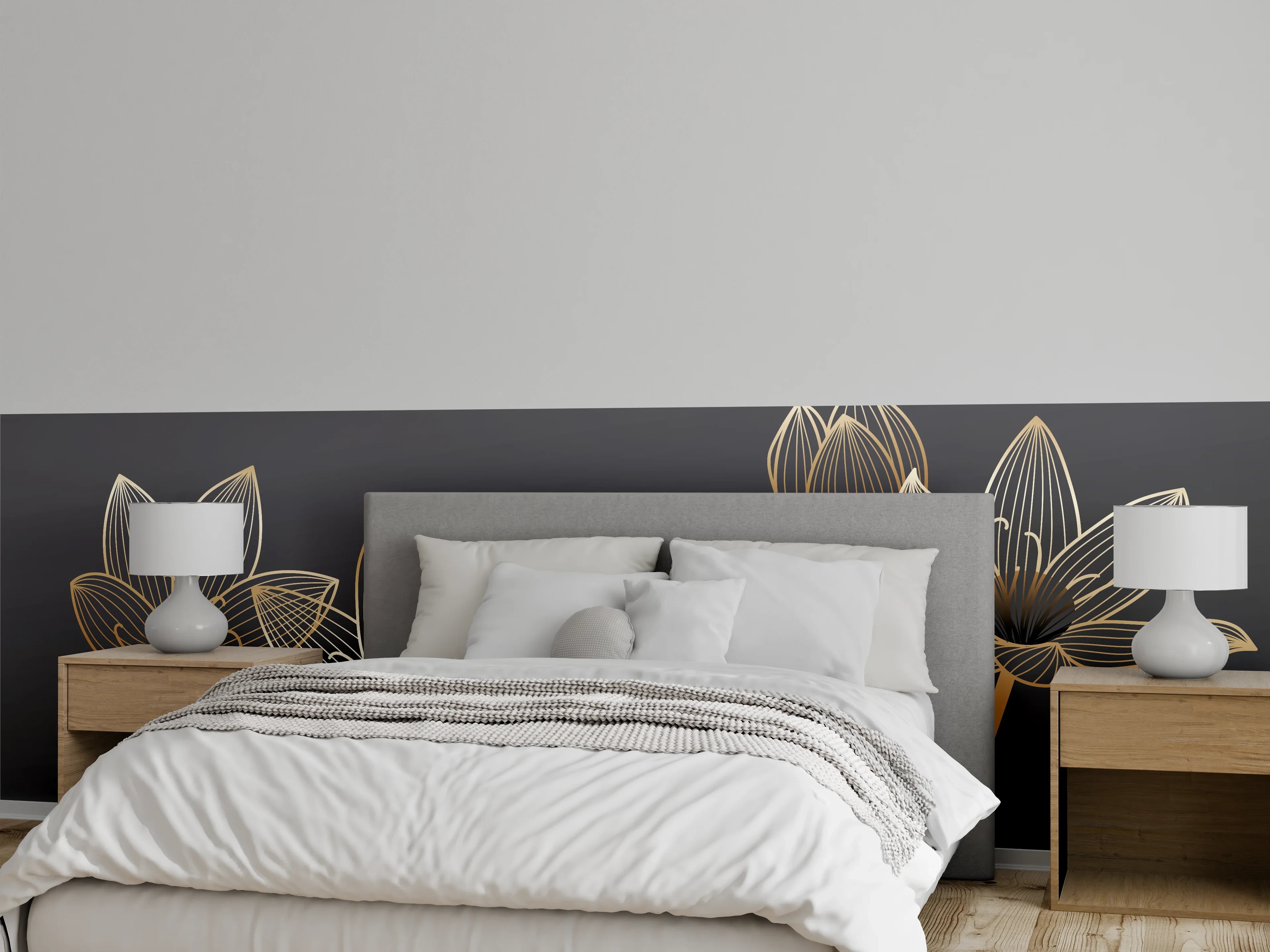 Wandverkleidung Schlafzimmer - Abstrakte Gold-Schwarz Blumen Linienart