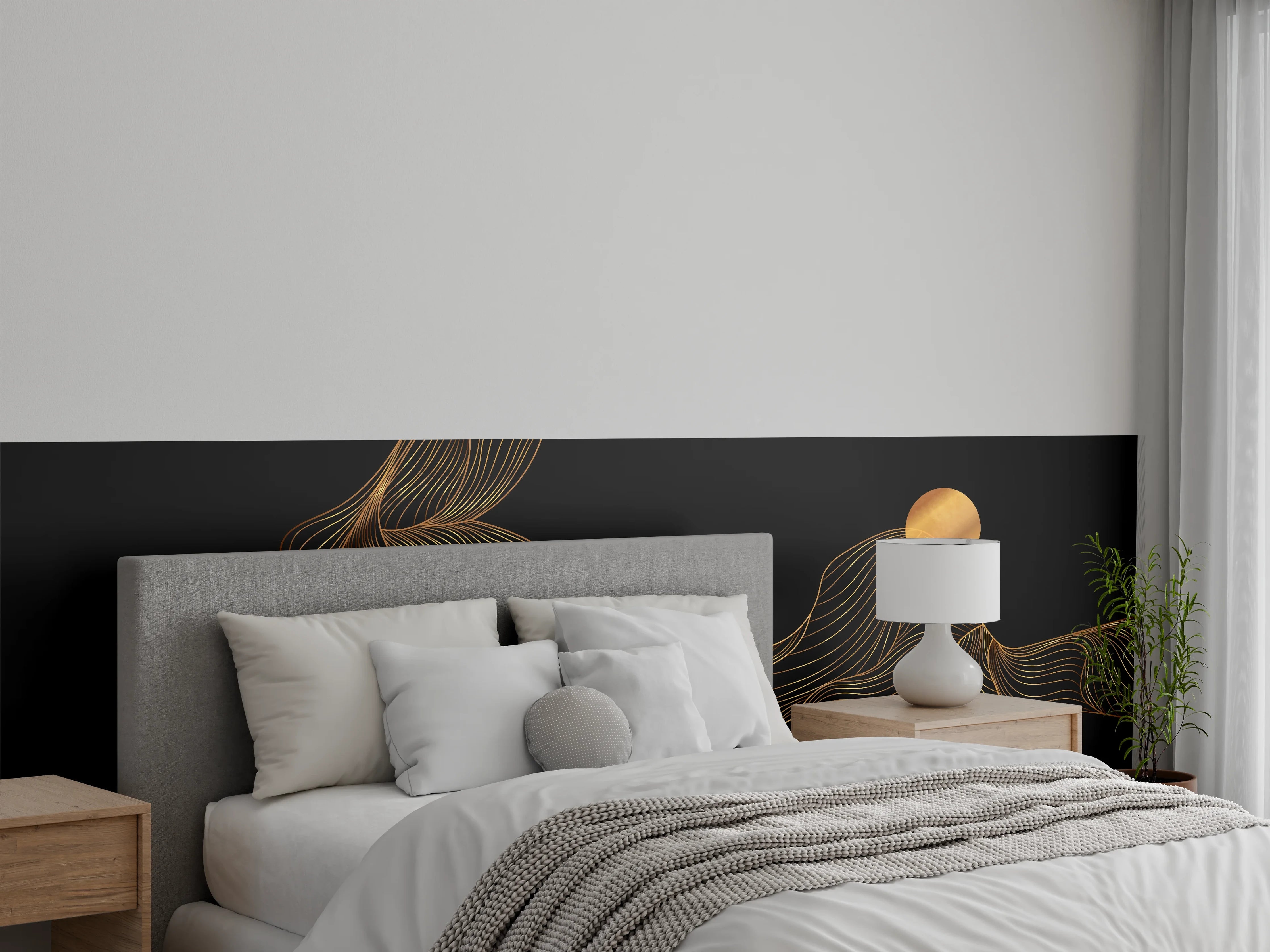 Wandverkleidung Schlafzimmer - Abstrakte Gold-Schwarz Linienkunst